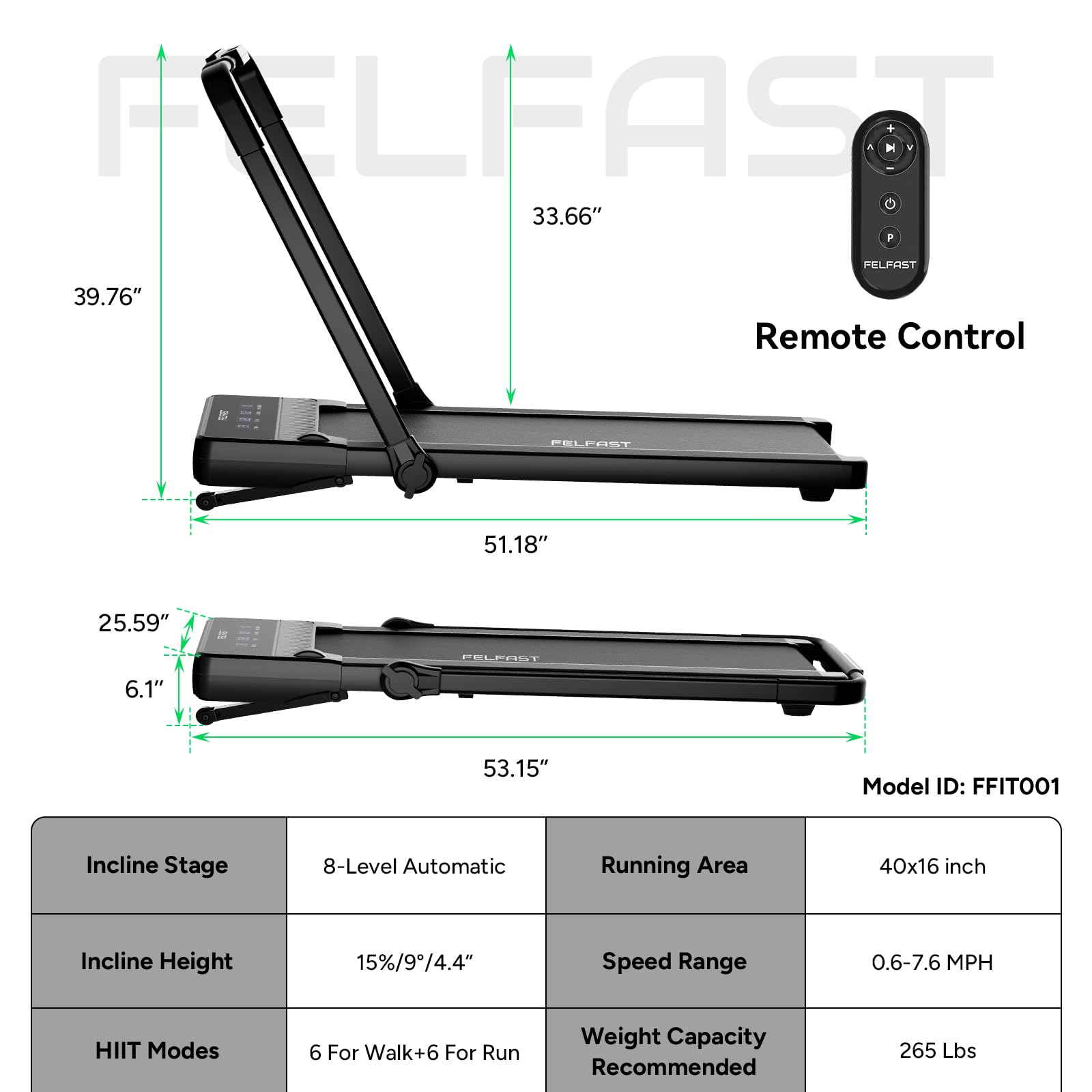 FelFast Walking Pad Treadmill with 15% 9° 8 Level Auto Incline, 2-in-1 Under Desk Foldable w/Remote Control, 12 HIIT Mode, 450 Lbs Max, 7.6 MPH Max, Portable Mini Treadmill for Office Home - Medaid International