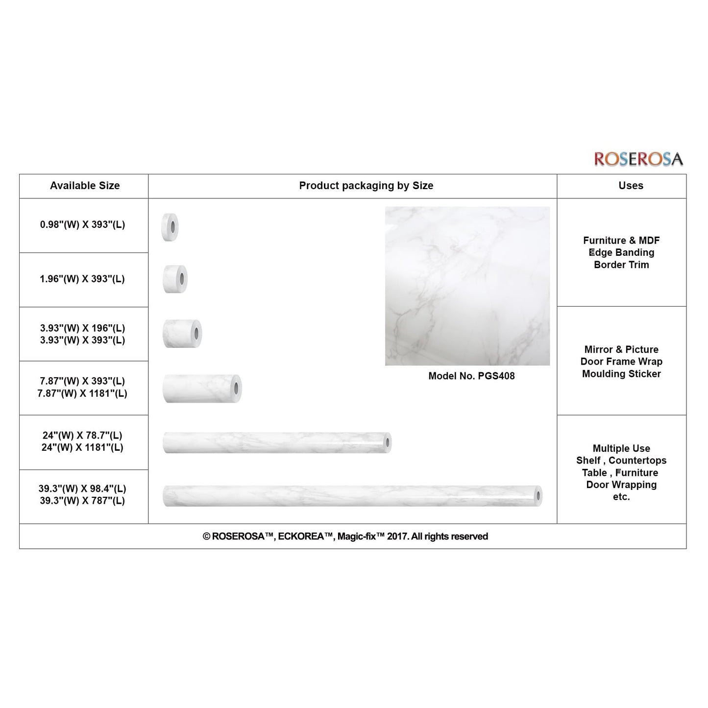 ROSEROSA Peel and Stick Faux Glossy Marble Self-Adhesive Wallpaper Door Wrap Countertop Moulding Trim PGS408 - Medaid International