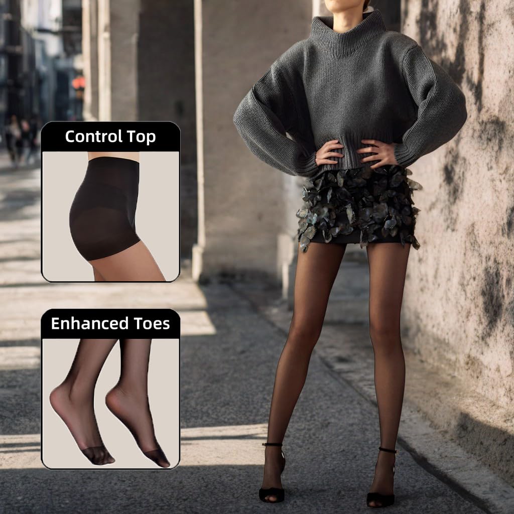 Citystl 3 Pairs Black Sheer Tights for Women - 20D Resist Tears Control Top Pantyhose with Reinforced Toes, Smooth, Supple(Black-M) - Medaid International
