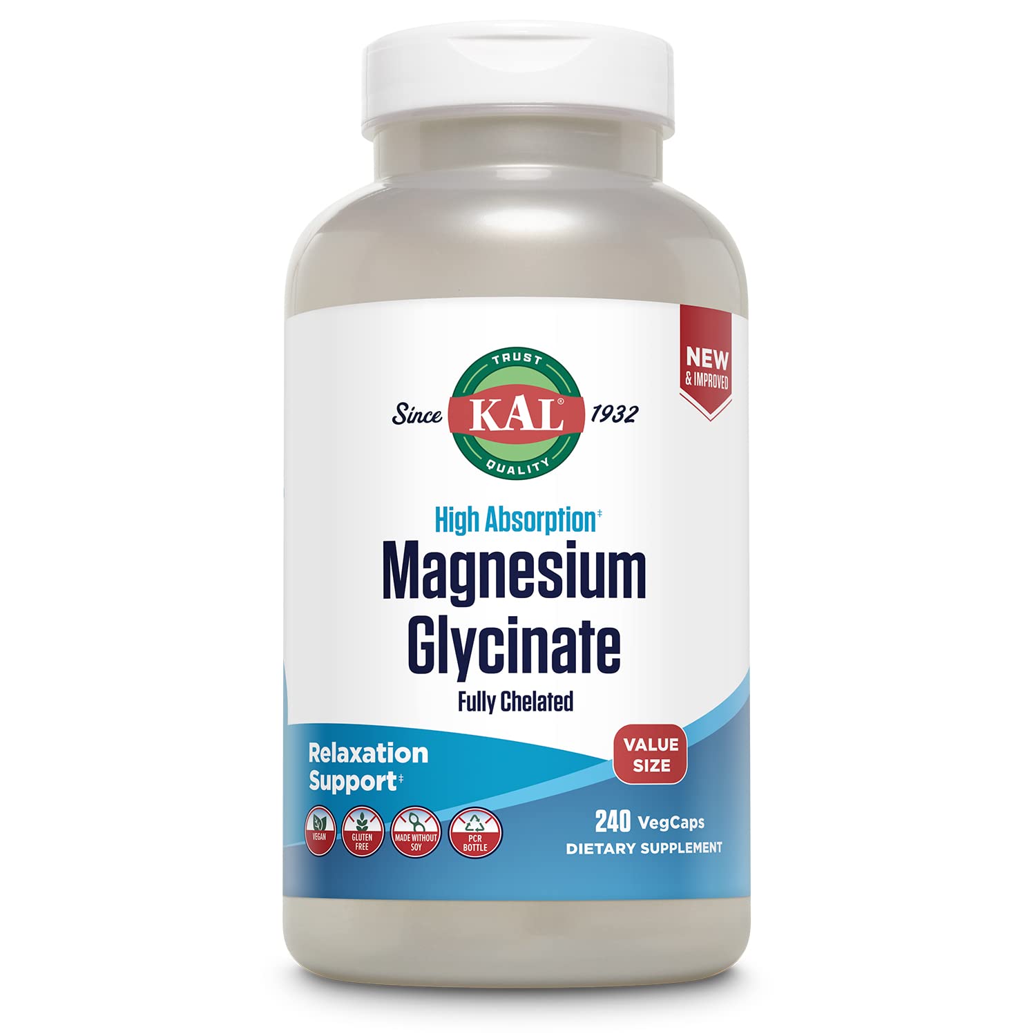 KAL Magnesium Glycinate, New & Improved Fully Chelated High Absorption Formula with BioPerine, Bisglycinate Chelate for Stress, Relaxation, Muscle & Bone Health Support, 60 Servings, 240 VegCaps - Medaid International