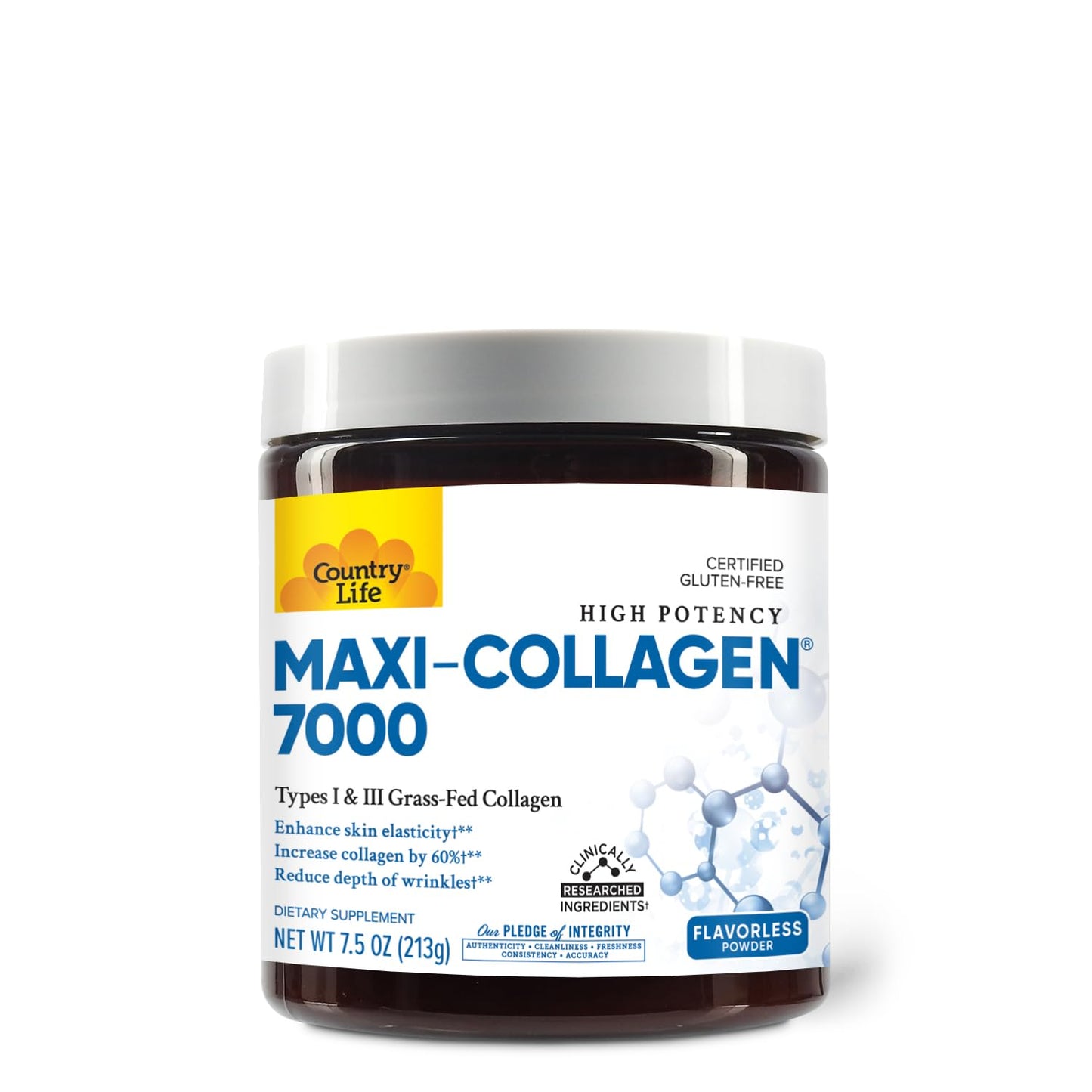 Country Life Maxi-Collagen 7000 Powder - Verisol Bioactive Collagen Peptides, Vitamin C, A & Biotin, 4,500 mg Types I & III Grass-Fed Collagen - Supports Skin, Hair, Nails & Joint Health, 7.5 oz - Medaid International