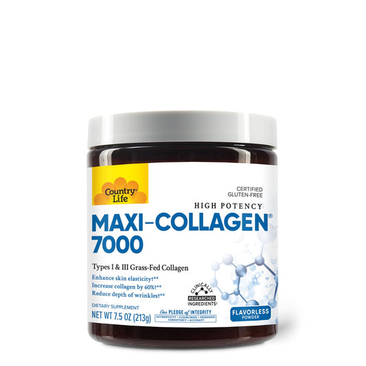 Country Life Maxi-Collagen 7000 Powder - Verisol Bioactive Collagen Peptides, Vitamin C, A & Biotin, 4,500 mg Types I & III Grass-Fed Collagen - Supports Skin, Hair, Nails & Joint Health, 7.5 oz - Medaid International