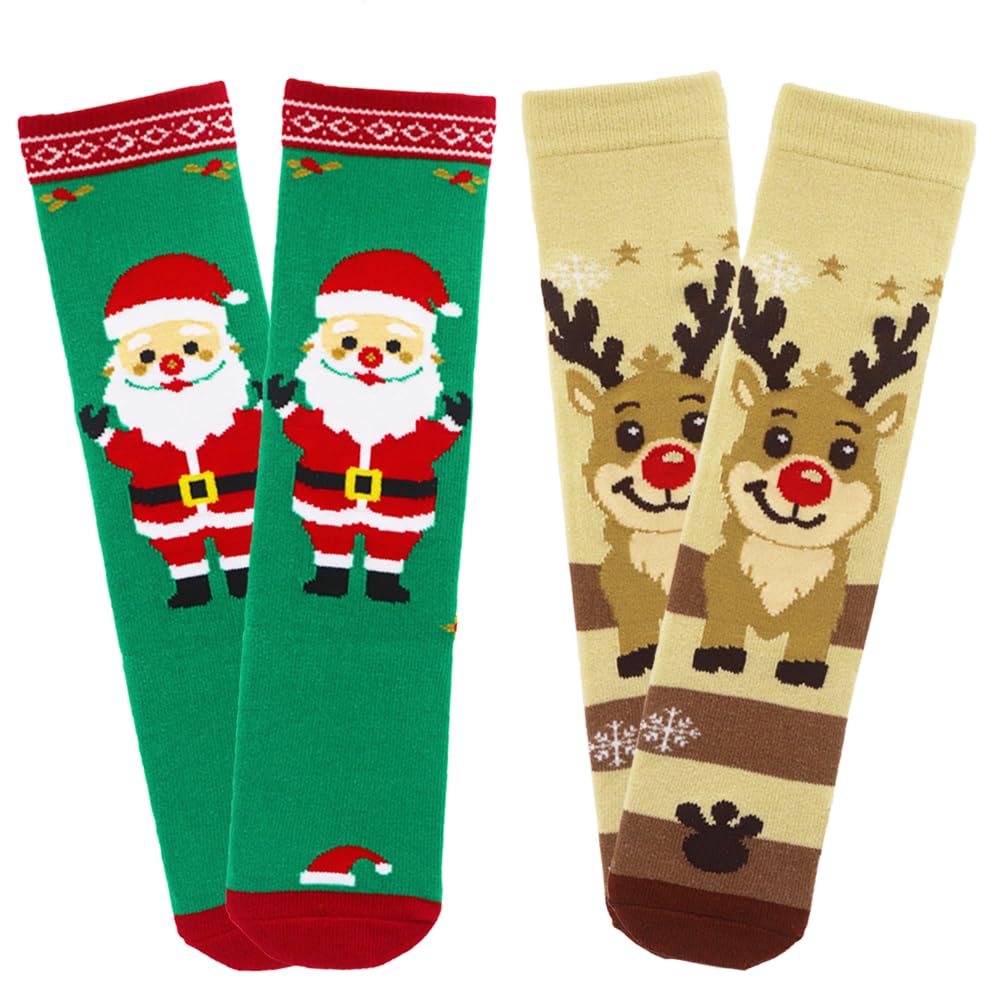 ZUOIUP Christmas Socks for Toddlers Girls Boys, 2 Pairs Knee High Xmas Kids Socks with Santa and Reindeer for Christmas Day for Unisex Toddler (Green+Brown,1-3 Y) - Medaid International