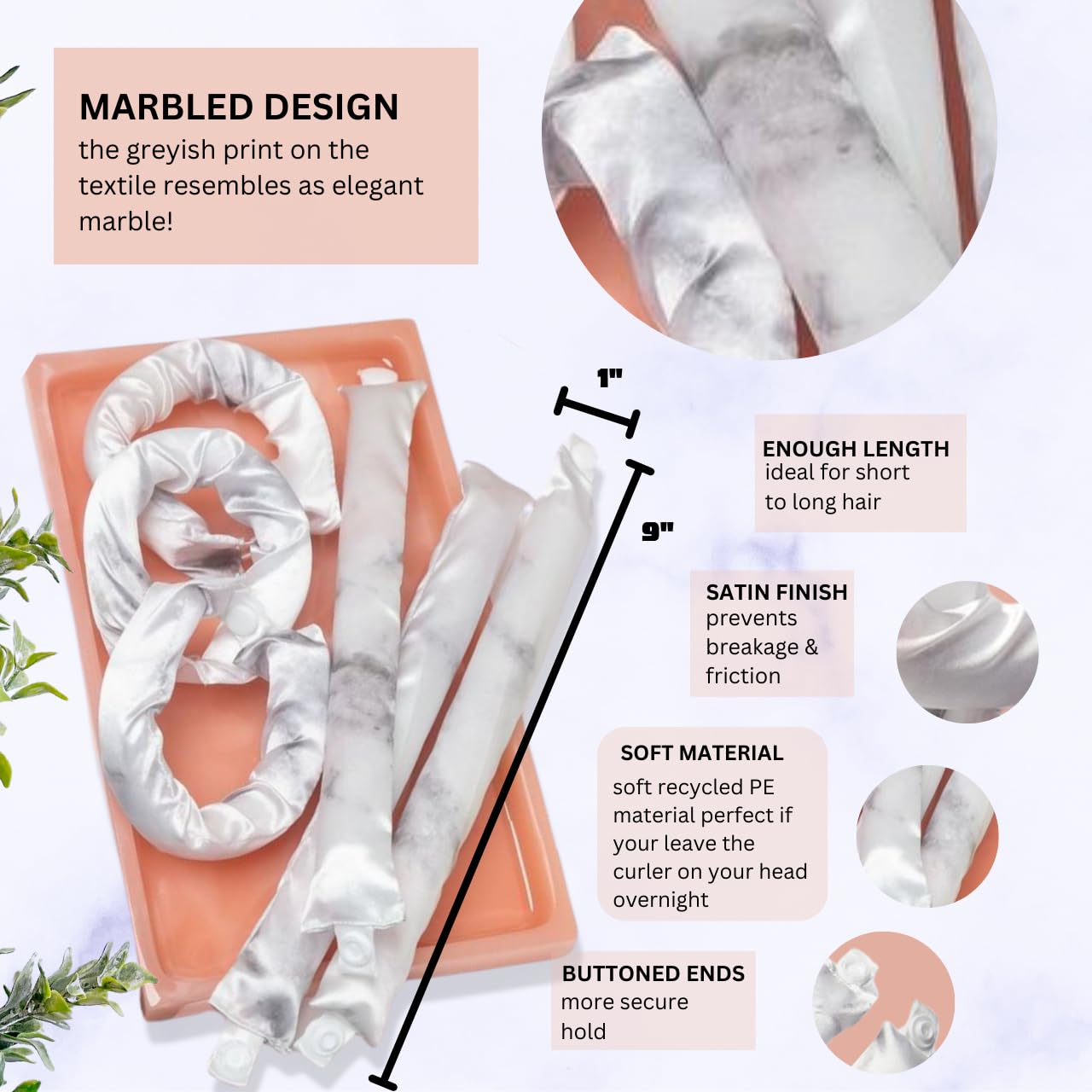 Kitsch Satin Pillow Rollers -Heatless Hair Curler, Hair Rollers, Heatless Curls Overnight, Flexible Curling Rods for Long &Short Hairs, Flexi Rod Curlers to Sleep in, Overnight Blowout Rods-6pc Marble - Medaid International