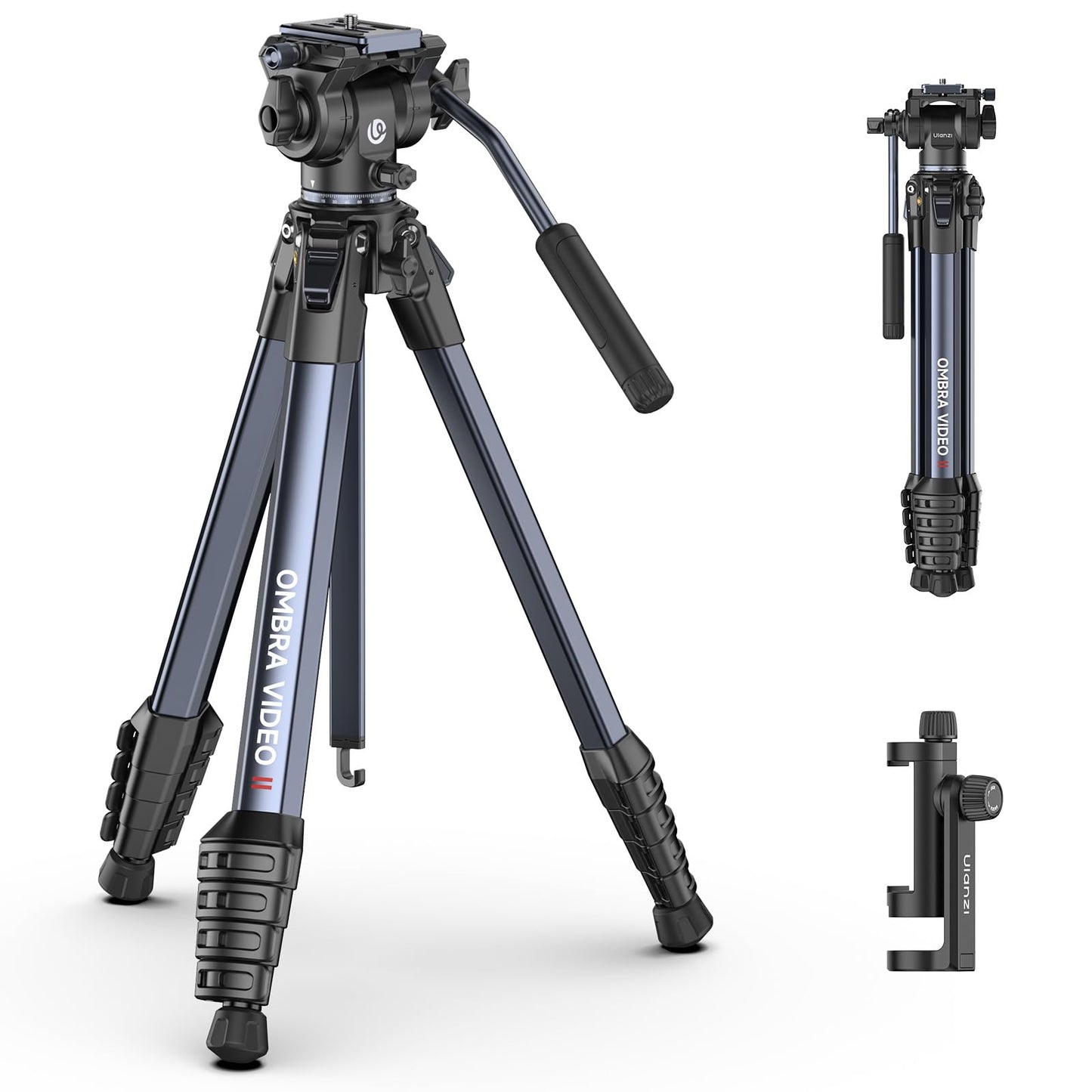 ULANZI Ombra Video Ⅱ Camera Tripod with Fluid Head, 61.5" Travel Tripod with 360° Rotated Arca Quick Release Plate, Portable Stand for Phone Camera Vlogging Video Shooting with Carry Bag Phone Clamp - Medaid International