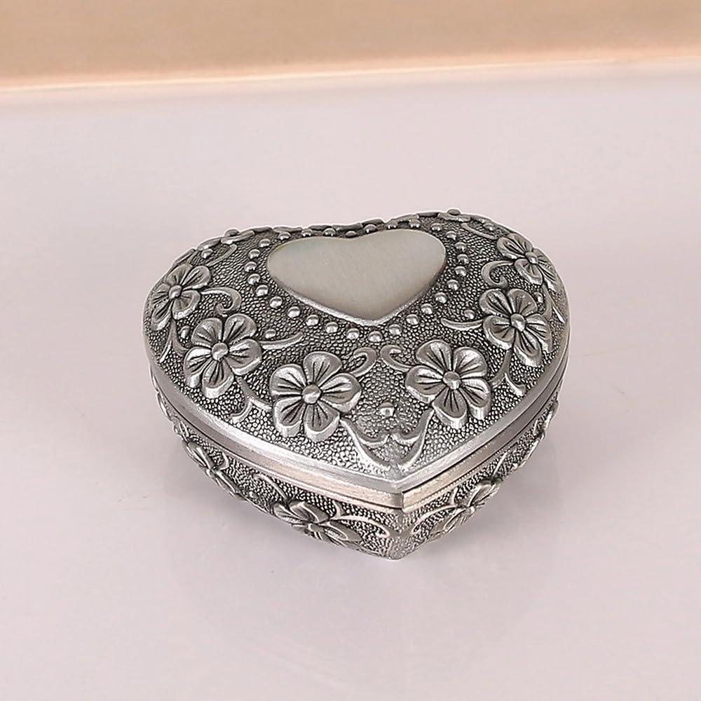 1PC Classic Vintage Antique Heart Shape Jewelry Box Ring Small Trinket Jewellery Storage Organiser Chest Christmas Gift, Silver - Medaid International