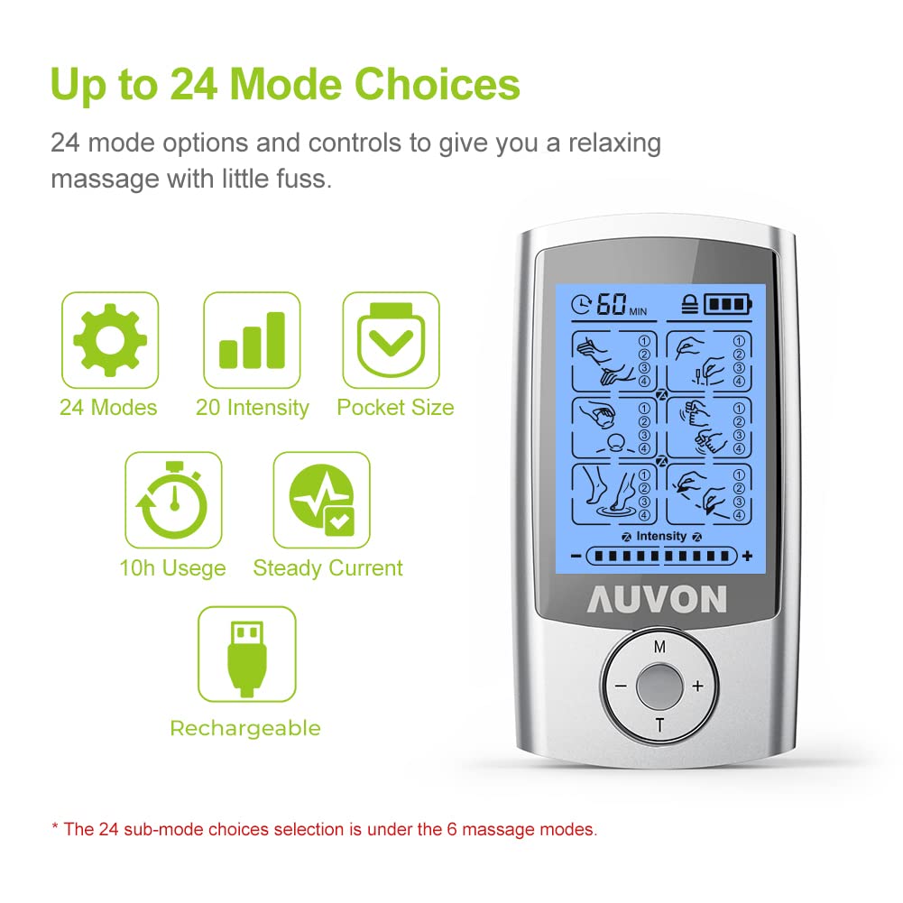 AUVON Rechargeable TENS Unit Muscle Stimulator, 24 Modes 4th Gen TENS Machine with 8pcs 2"x2" Premium Electrode Pads for Pain Relief - Medaid International