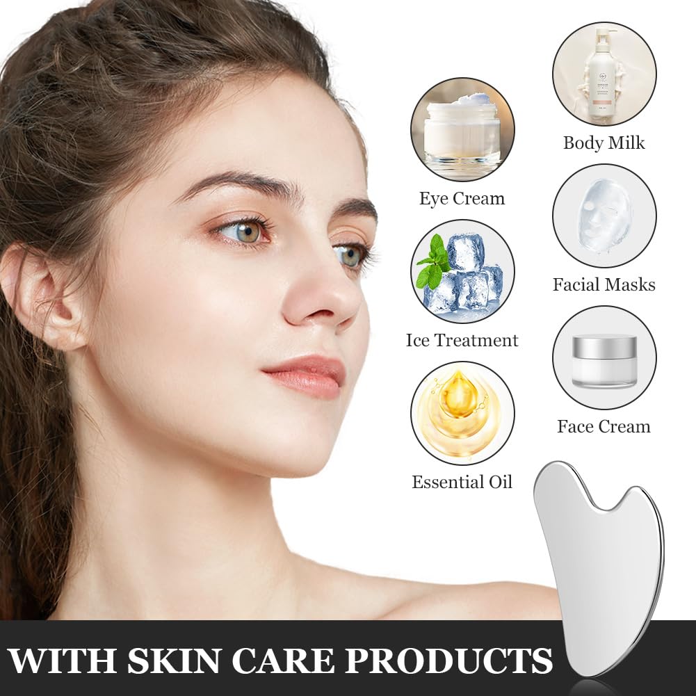 URAQT Stainless Steel Gua Sha Facial Tools Guasha Tools for Face Skin Care Body Gua Sha Tools Tighten Skin Massage Tools for Puffiness Reducing & Jawline Sculpting Face Stone Gua Sha Tools (Silver) - Medaid International