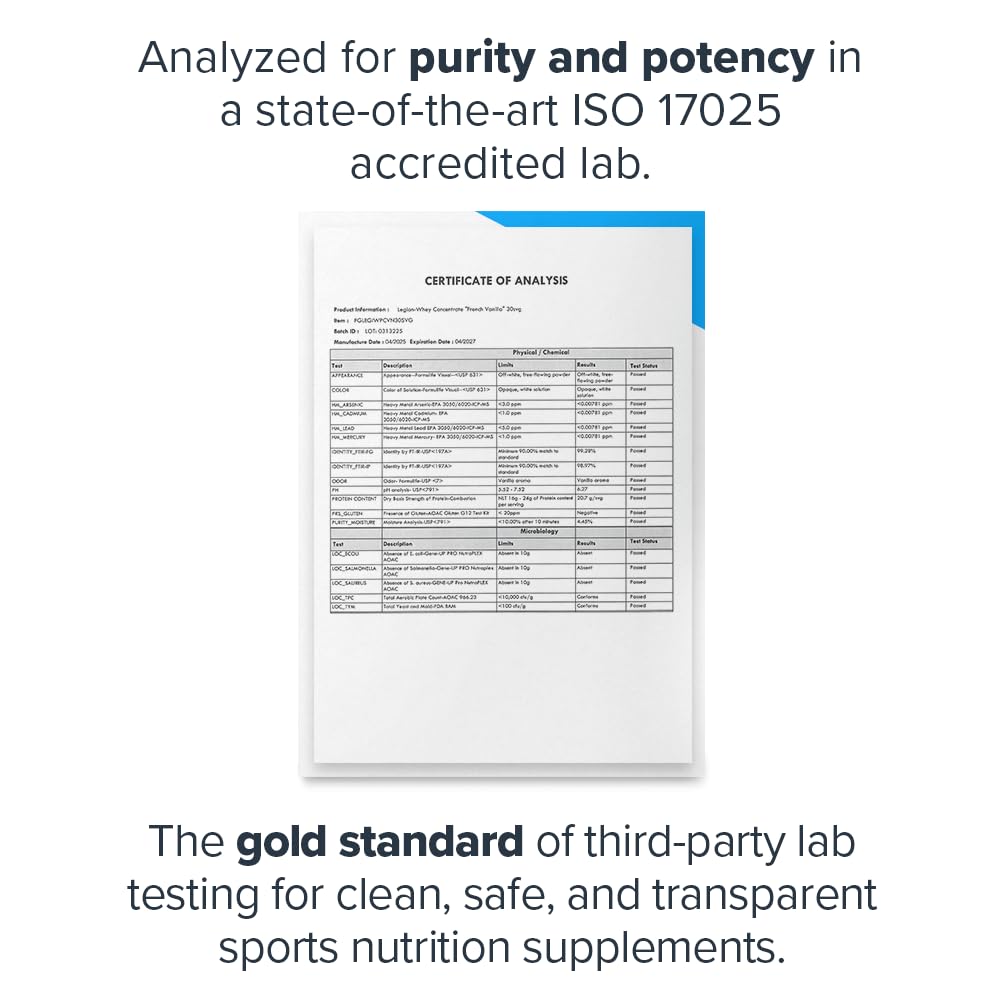 LEGION Whey Protein Powder - Naturally Flavored Whey Protein Concentrate with BCAAs - Supports Muscle Growth & Recovery, Gluten Free, No Added Sugar Protein Powder - Vanilla Flavor (30 Servings) - Medaid International