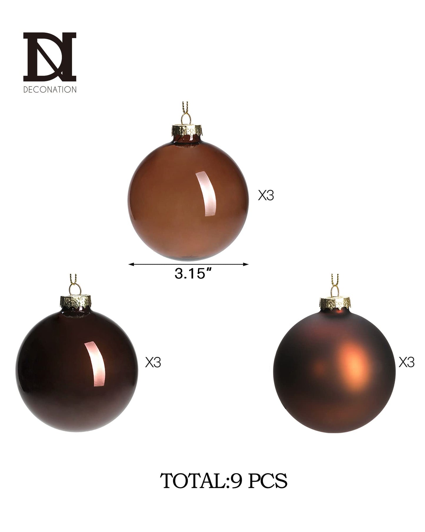 DN DECONATION Brown Glass Christmas Ball Ornaments, Set of 9, 3' Hanging Christmas Baubles for Xmas Tree Decoration, Wedding Party Gift - Medaid International
