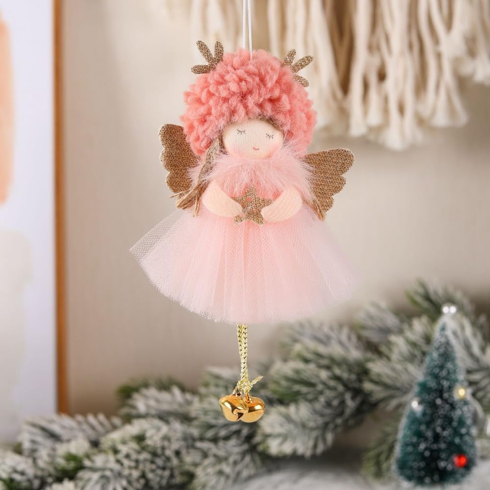 1PC Christmas Plush Angel Doll Christmas Tree Pendant Decoration with Bell Festive Home Xmas Decoration Gifts,16 * 10cm (Pink) - Medaid International