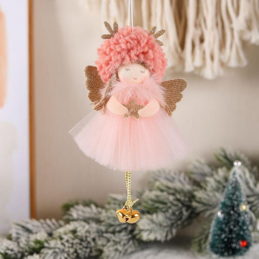 1PC Christmas Plush Angel Doll Christmas Tree Pendant Decoration with Bell Festive Home Xmas Decoration Gifts,16 * 10cm (Pink) - Medaid International