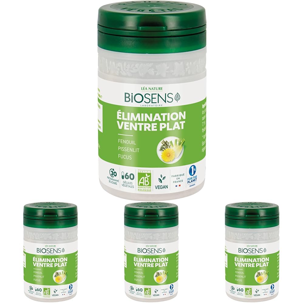 Biosens - Gélule végétale Ventre plat Elimination - Fenouil, Pissenlit et Fucus - Certifié Bio AB Vegan - Fabriqué en France - Actifs 100% Végétaux - Programme de 30 jours - 60 gélules (Lot de 4) - Medaid International