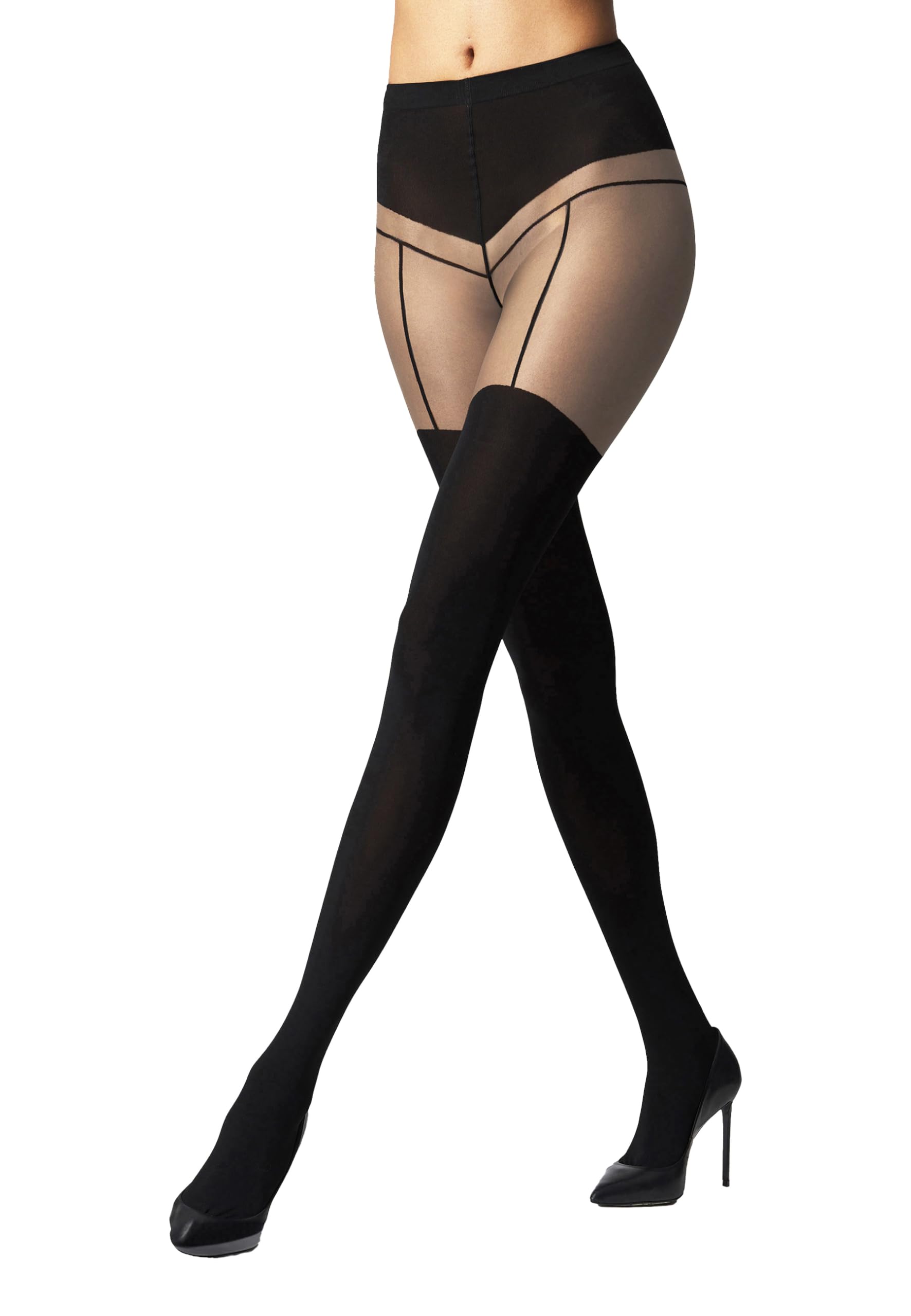 Wolford Garter Belt Tights For Women 40 Denier Sheer-Opaque Matte Pantyhose With Soft Knitted Waistband Circular Knit Design fairly light/black X-Small - Medaid International