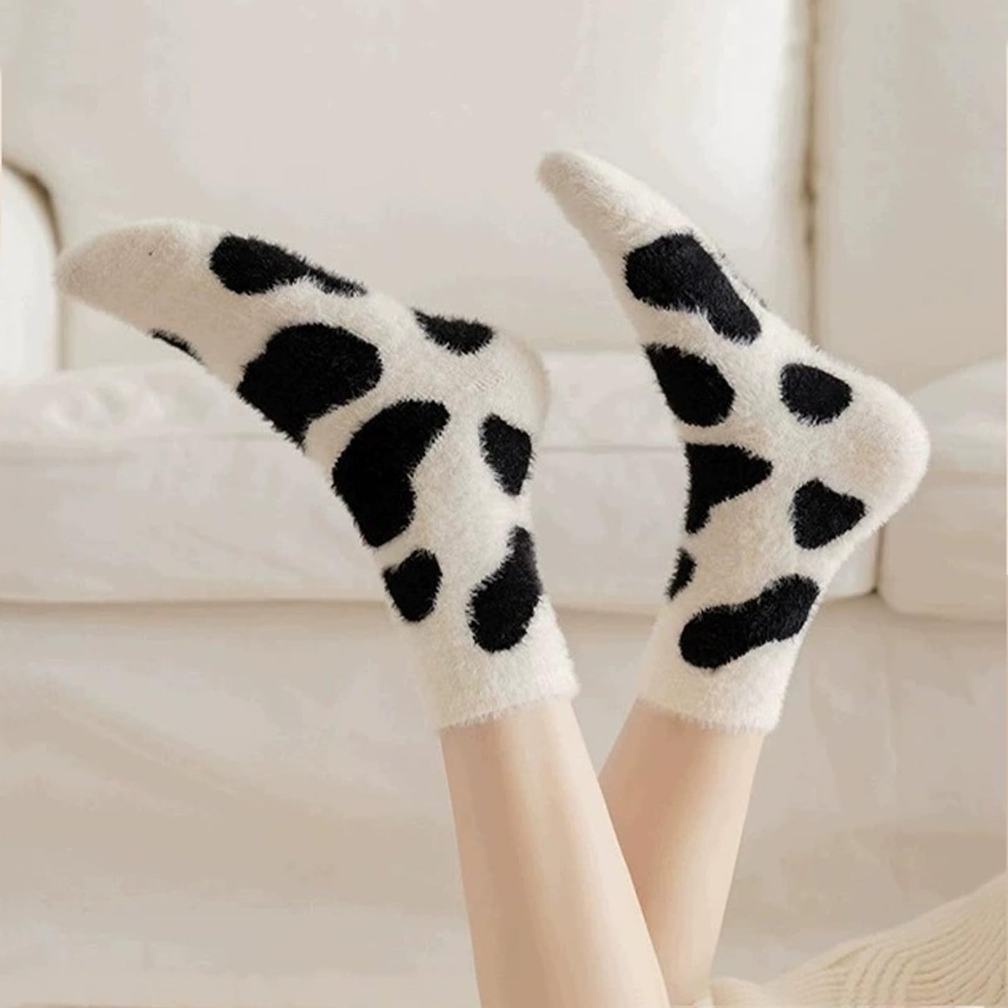 Cute Cow Print Socks for Women Fuzzy Winter Fluffy Lazy Sleeper Socks Warm Thick Cozy Trendy Christmas Gifts for Teen Girls - Medaid International