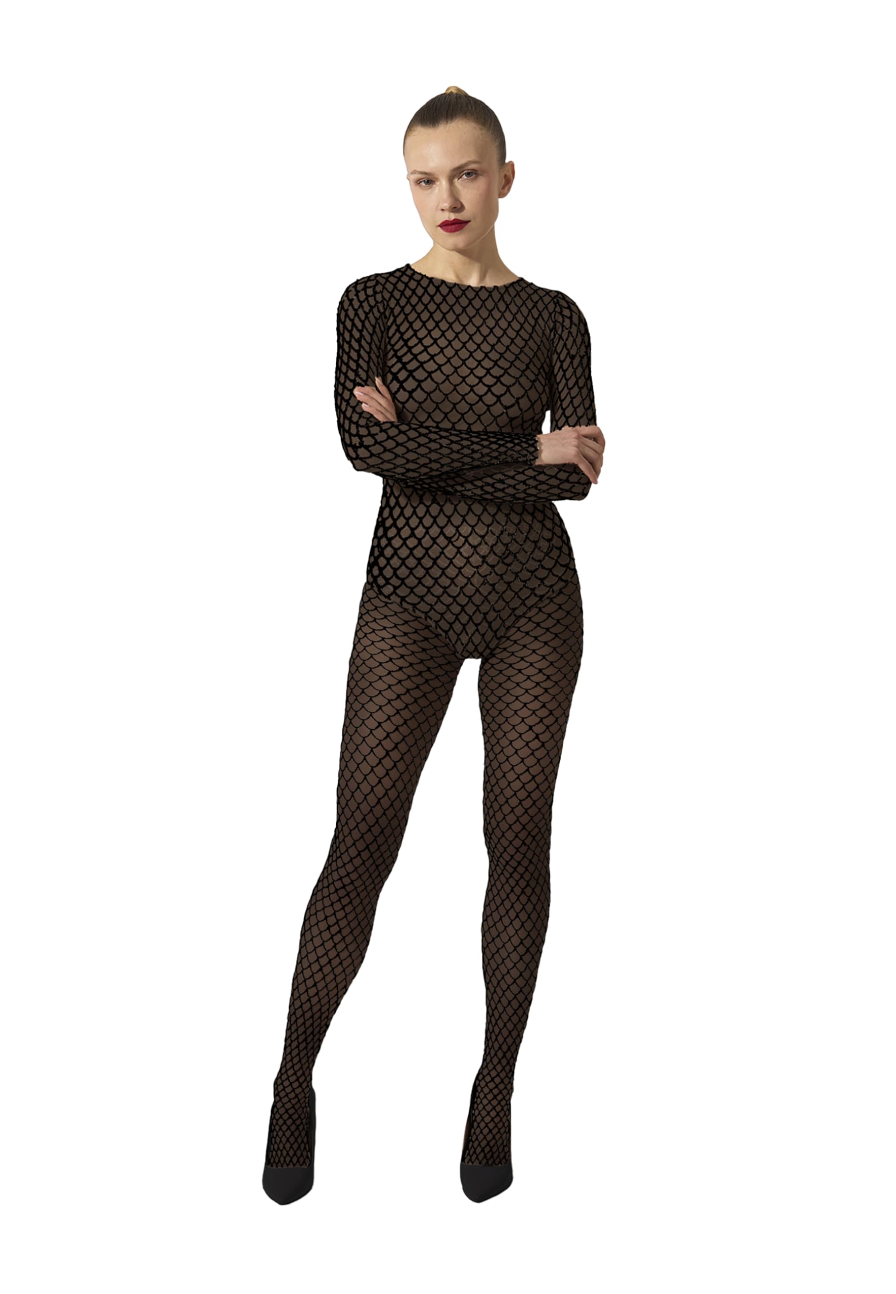 Wolford Velvet Net Illusion Tights Pantyhose for Women Geometric Pattern 3D Effect Sheer Opaque Knit Soft Waistband Hosiery black/Black Small - Medaid International