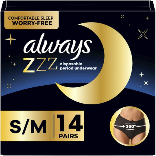Always Zzzs Overnight Disposable Period Underwear for Women, Size Small/Medium, Black Period Panties, Leakproof, 7 Count x 2 Packs (14 Count Total) - Medaid International