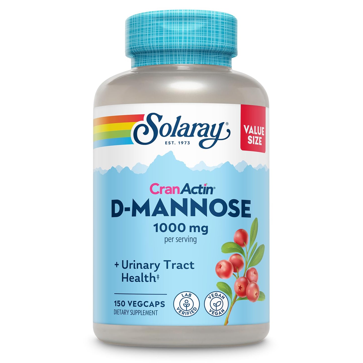 Solaray D-Mannose 1000mg with CranActin Cranberry Supplement 400mg, Urinary Tract Health & Bladder Support Capsules with Vitamin C, Vegan, 60 Day Guarantee, 75 Servings, 150 VegCaps - Medaid International