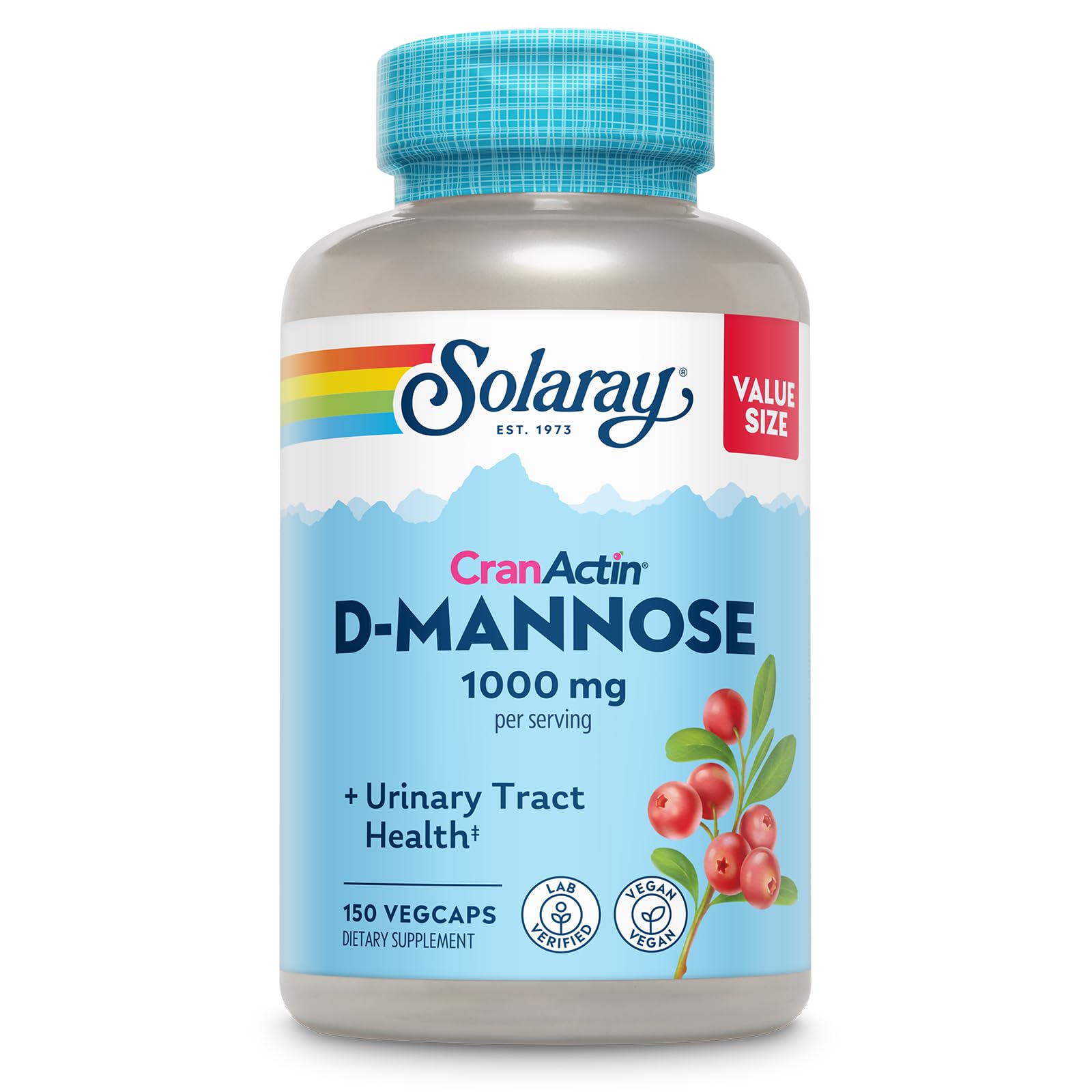 Solaray D-Mannose 1000mg with CranActin Cranberry Supplement 400mg, Urinary Tract Health & Bladder Support Capsules with Vitamin C, Vegan, 60 Day Guarantee, 75 Servings, 150 VegCaps - Medaid International