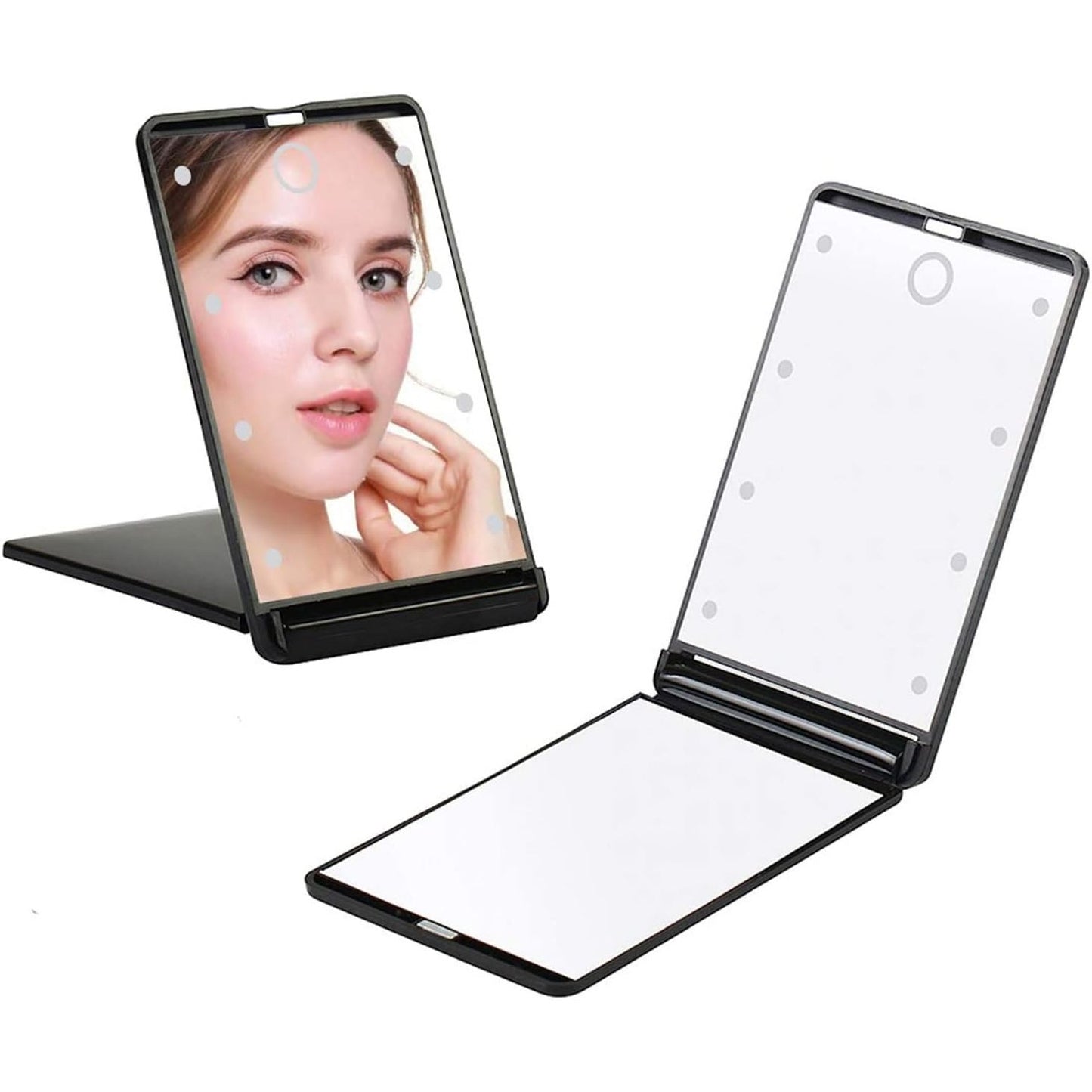 Arabest LED Lighted Travel Mirror, 1X/2X Magnification Folding Compact Mirror, Portable Makeup Mirror with 8 Dimmable LED Lights, Touch Switch Travel Tabletop Cosmetic Mirror (Black) - Medaid International