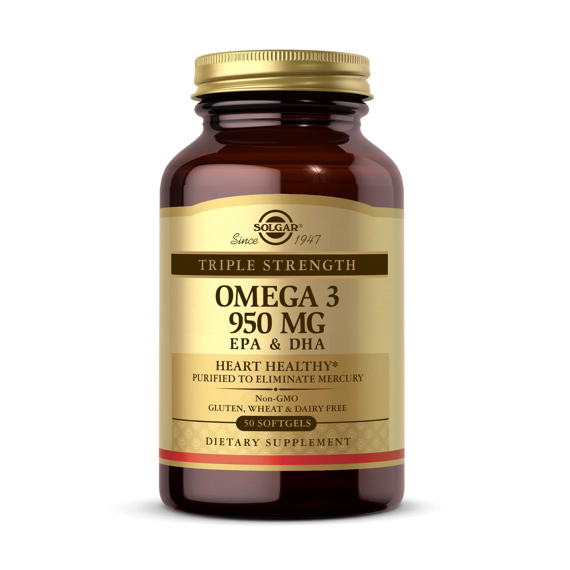 Solgar Triple Strength Omega 3 950 mg - 50 Softgels - Supports Joint & Skin Health - Non-GMO, Gluten Free, Dairy Free - 50 Servings - Medaid International