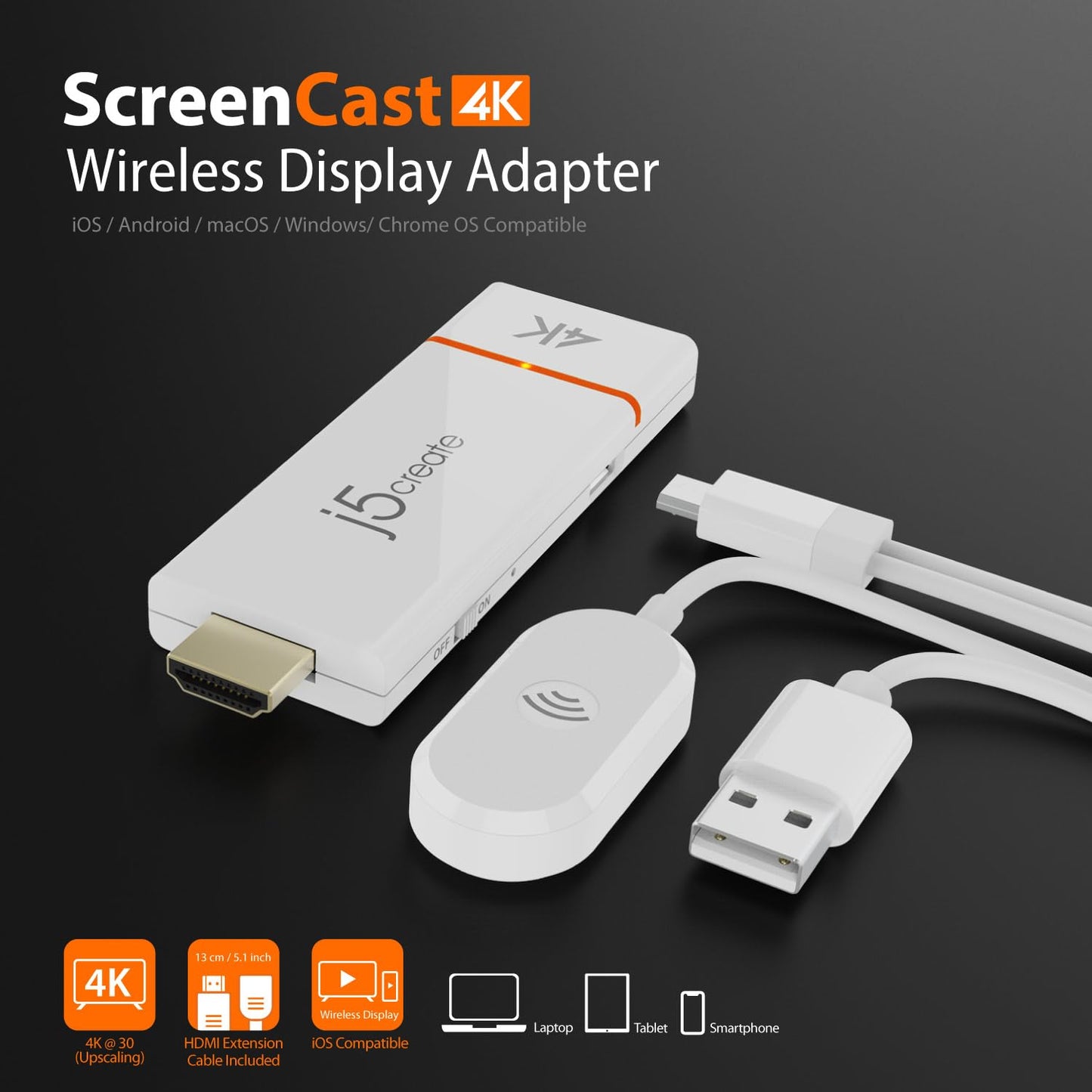 j5create ScreenCast 4K Wireless Adapter Screen Cast from Mobile Phone, Tablet, or Laptop Support for AirPlay, Miracast & Chromecast Mirror Extend for Windows & macOS Wireless Screen Display (JVAW76) - Medaid International