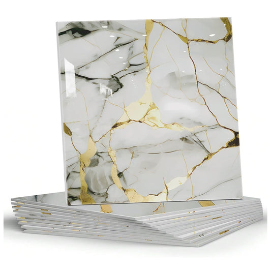 BESTWOO 10 Sheets Marble Peel and Stick Backsplash Tile, 12"x12" Waterproof PVC Self Adhesive Tile Shower Wall Panels for Bathroom, Kitchen, Living Room (Gold White) - Medaid International