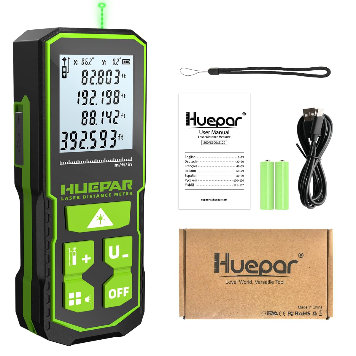 393FT Professional Green Laser Measuring Tool with Angle Sensor, Huepar 1/16in Accuracy Laser Distance Measurement Tool, Digital Laser Room Measuring Device, Laser Distance Meters - Medaid International