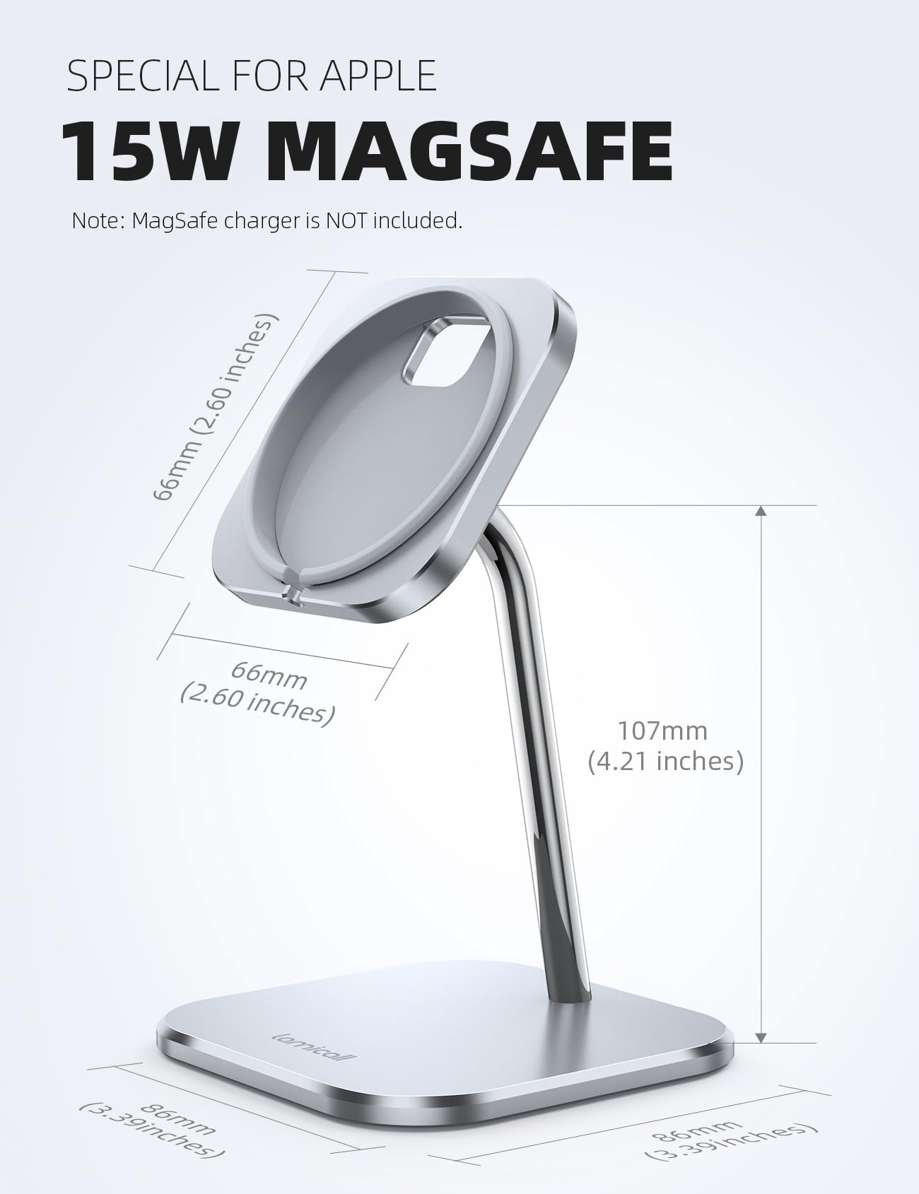Lamicall Phone Stand for Apple 15W MagSafe Charger - [Charger Not Included] 360 Rotation Adjustable Aluminum Charging Holder Dock for Desk, Compatible with iPhone 17 16 15 14 Air, Pro, Pro Max, Plus - Medaid International