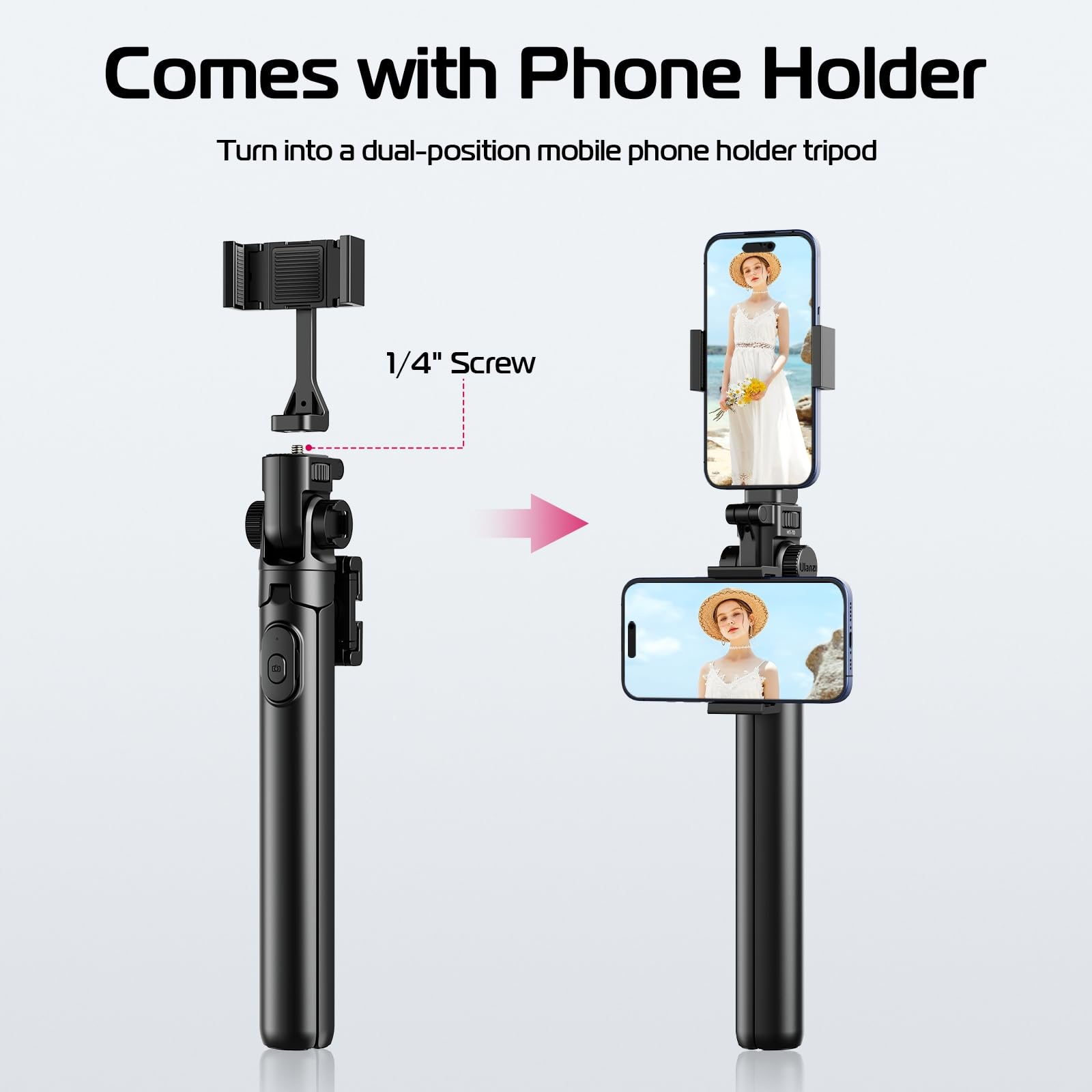 ULANZI MT-70 Extendable Tripod, 63" Selfie Stick Vlog Tripod Stand with 2 Phone Clips as Teleprompter, 360° Rotate Camera Holder for iPhone, Sony, Canon, DJI Osmo Nano, Lightweight for Travel, Black - Medaid International