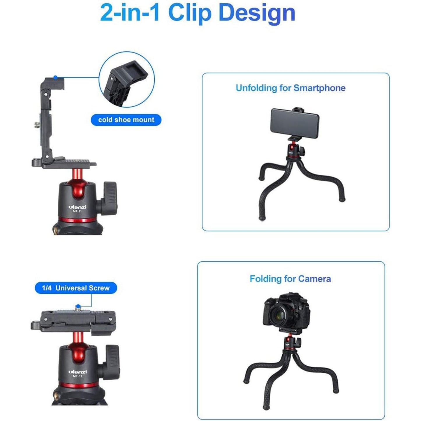 ULANZI Camera Tripod, Mini Flexible Stand w Hidden Phone Holder w Cold Shoe Mount, 1/4'' Screw f Magic Arm, Universal f iPhone 17 16 15 14 Pro Max XS Max X Samsung Canon Nikon Sony DJ Pocket 3 Cameras - Medaid International