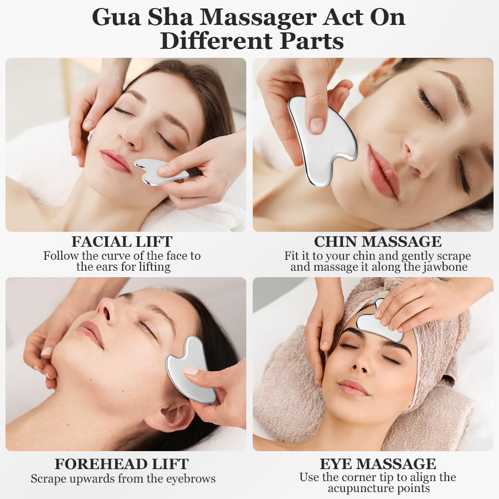 URAQT Stainless Steel Gua Sha Facial Tools Guasha Tools for Face Skin Care Body Gua Sha Tools Tighten Skin Massage Tools for Puffiness Reducing & Jawline Sculpting Face Stone Gua Sha Tools (Silver) - Medaid International