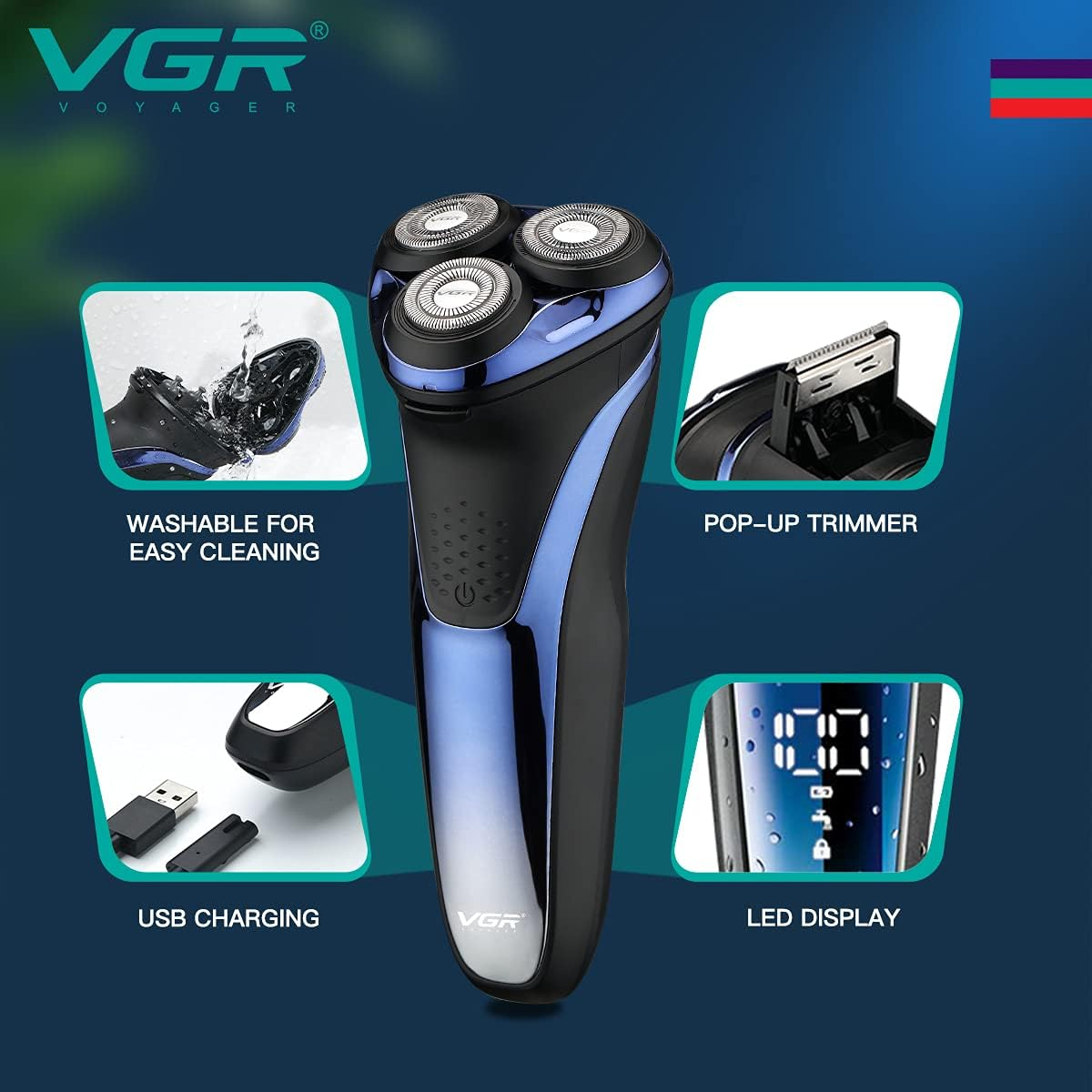 VGR V306 Waterproof Electric Shaver ‚Äì Cordless Rechargeable Rotary Razor with Pop-Up Trimmer, LED Display (Blue) - Medaid International