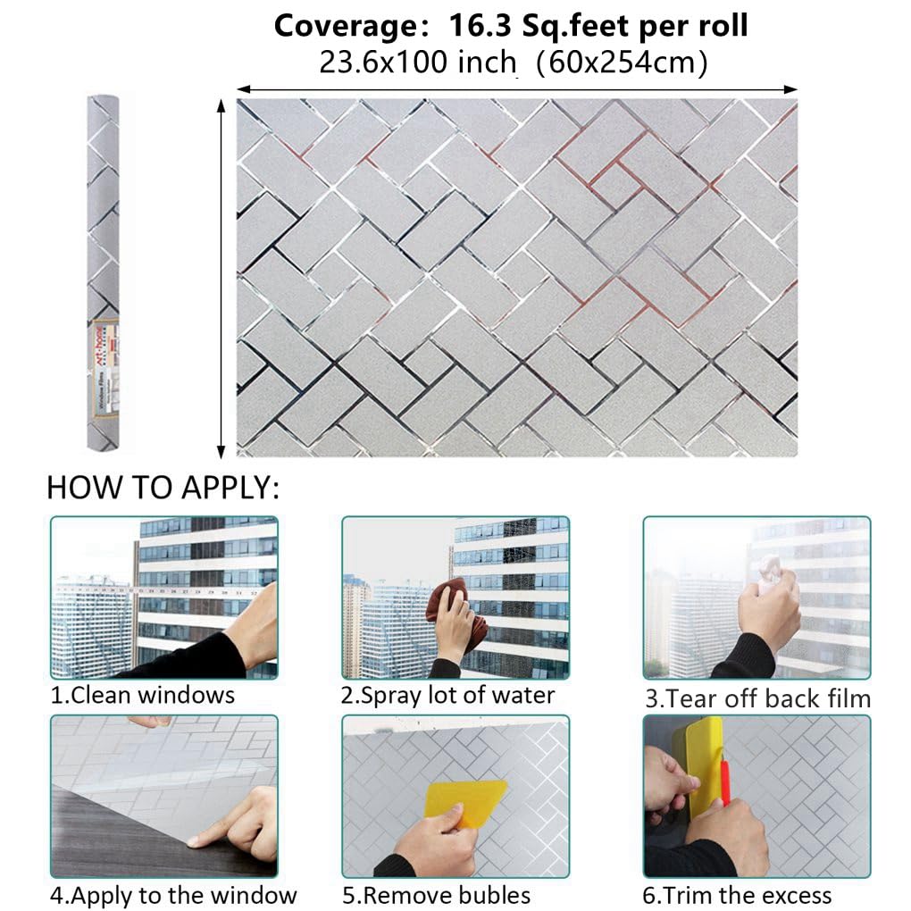 Arthome Privacy Window Film Decorative Film Frosted Film Stained Film Static Cling UV Protection Heat Control Sticker for Home Kitchen Office Living Room Bathroom Bedroom 23.6 inches by 100 inches - Medaid International