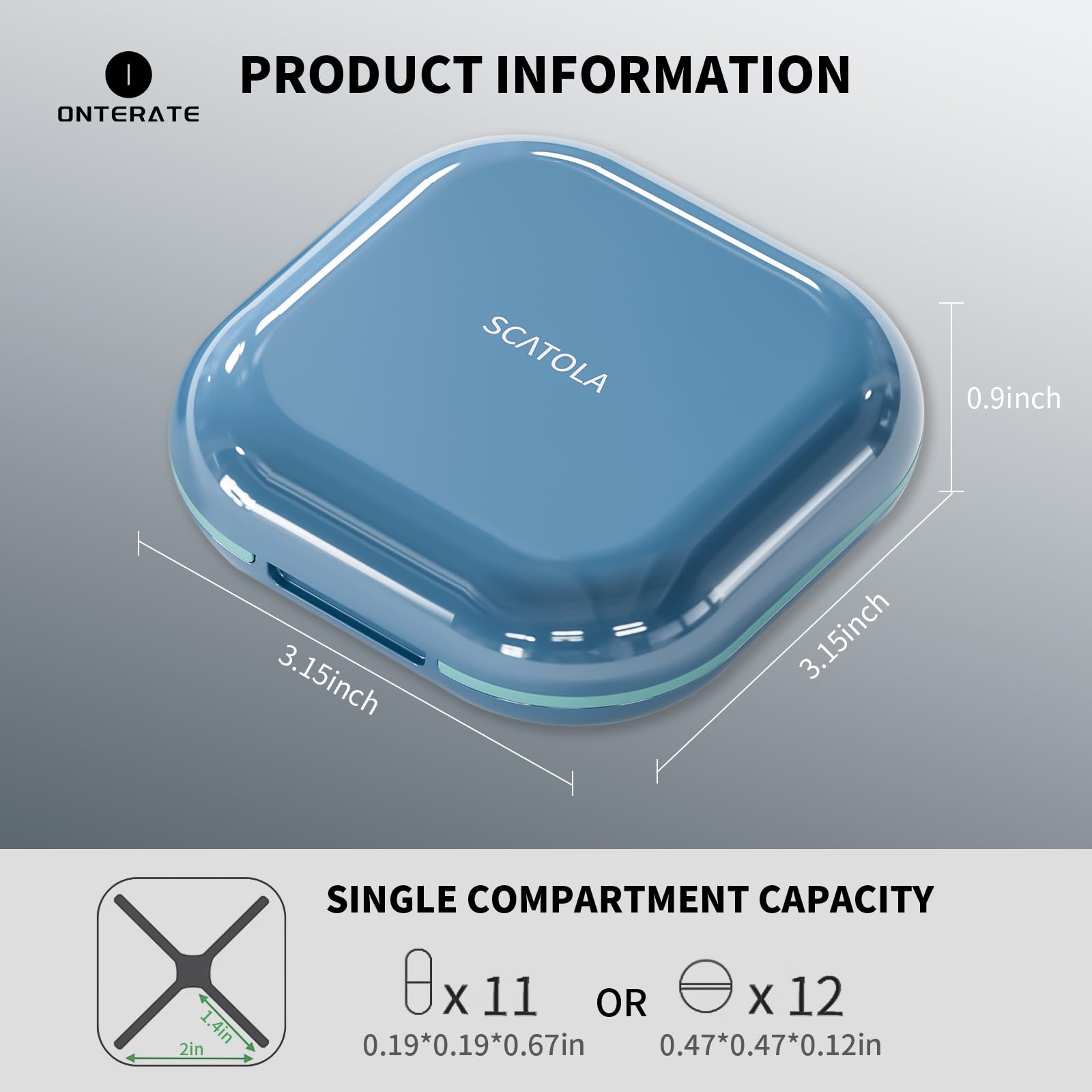 ONTERATE Small Pill Case, Travel Pill Box, Portable Pill Organizer, Pill Container for Pocket 4 Compartments, Daily Compact Travel Medicine Holder for Vitamins Medication (Blue) - Medaid International