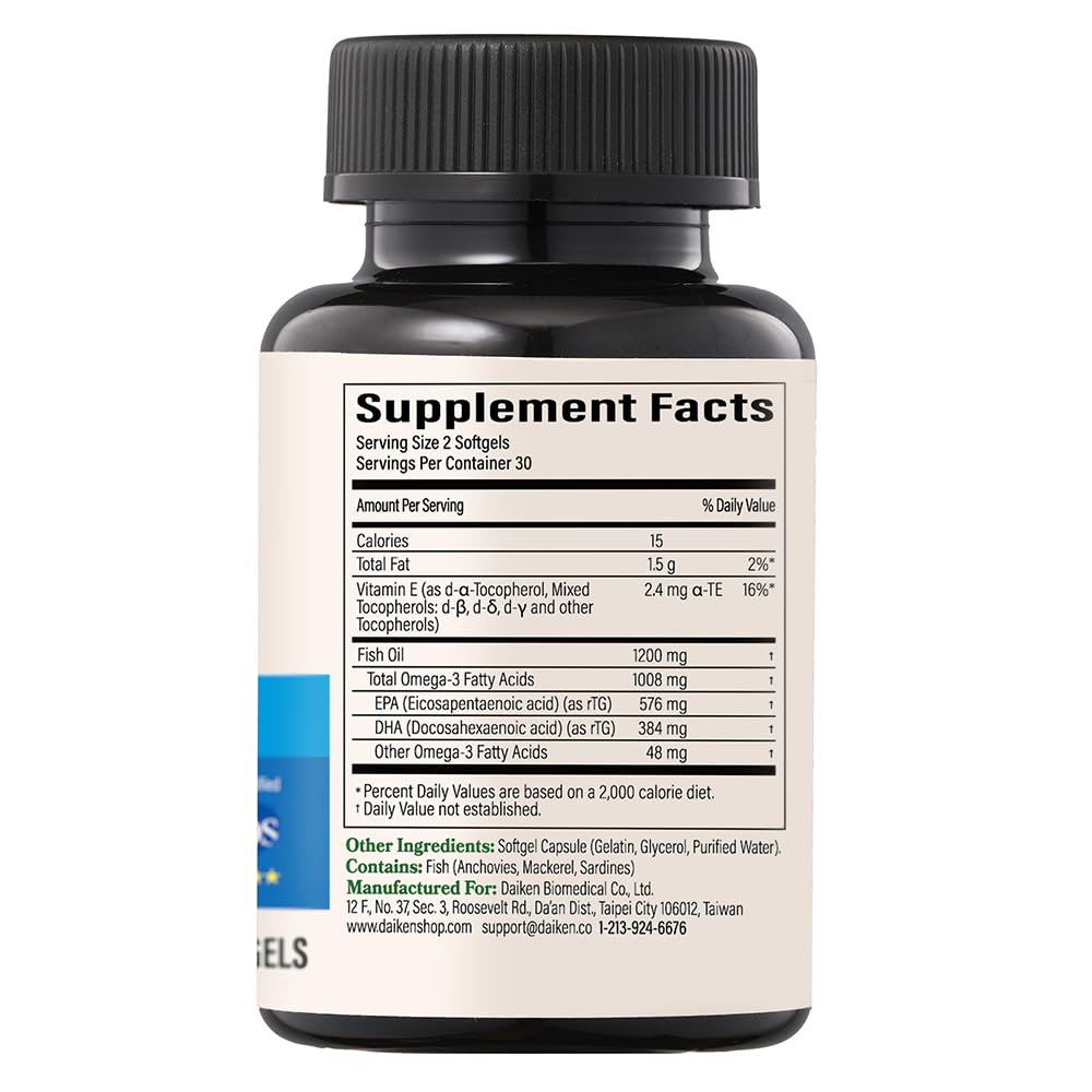 DAIKEN Mini Fish Oil 1200 mg, rTG Omega 3 1000mg, 60 Softgels, High Absorption & Burpless Fish Oil for Healthy Heart, Brain and Dry Eyes Support - Medaid International