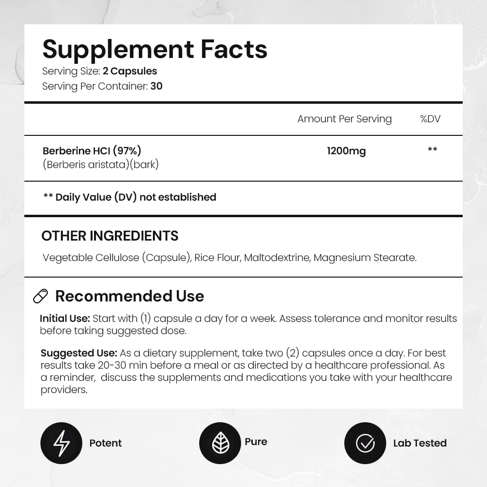 ACEWORKZ Berberine HCL 1200mg Supplement – 97% High Purity – Support Weight Management, Craving Control, Heart & Gut Health (60 Capsules) - Medaid International