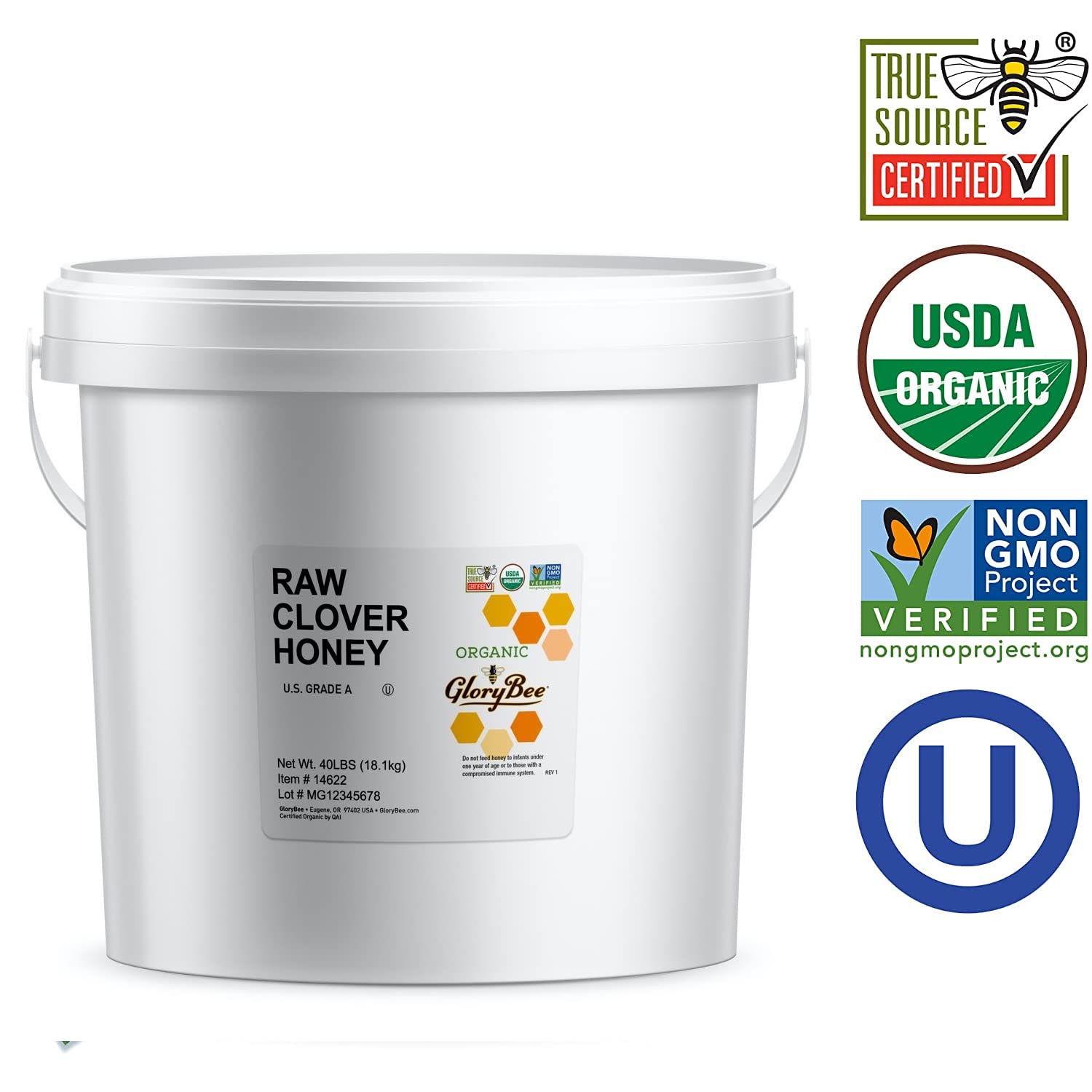 GloryBee Raw Honey, True Source Certified, USDA Organic, Organic Clover, 186.72 Ounce Bulk Pail - Medaid International