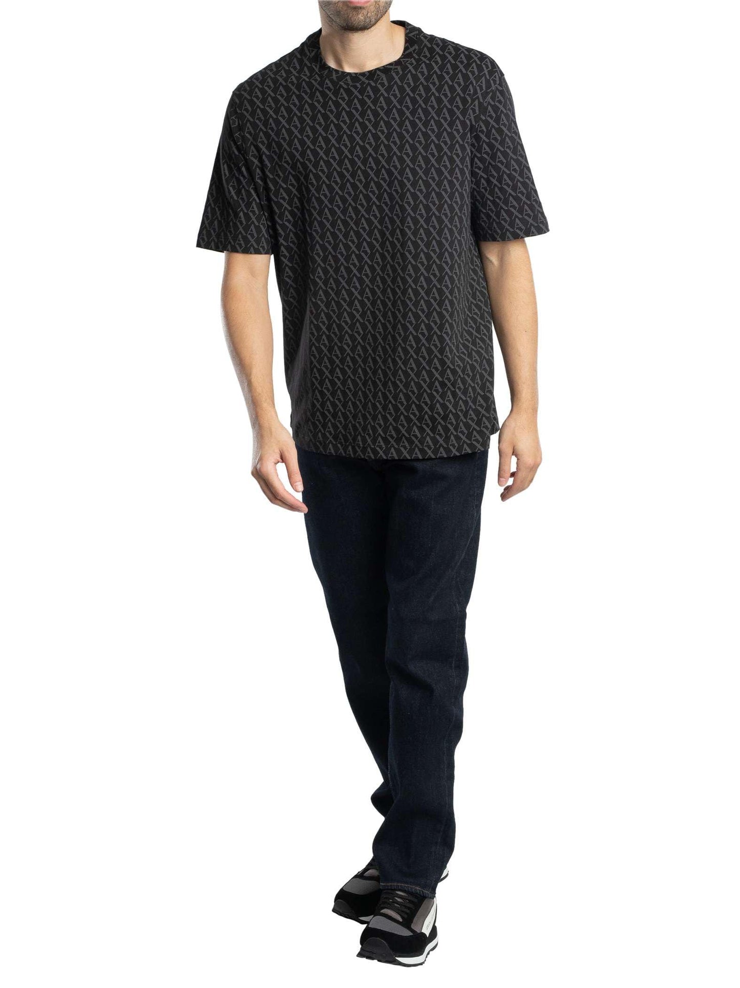 Armani Exchange Men's All Over Logo Tee, Black/Black Allover, Medium - Medaid International