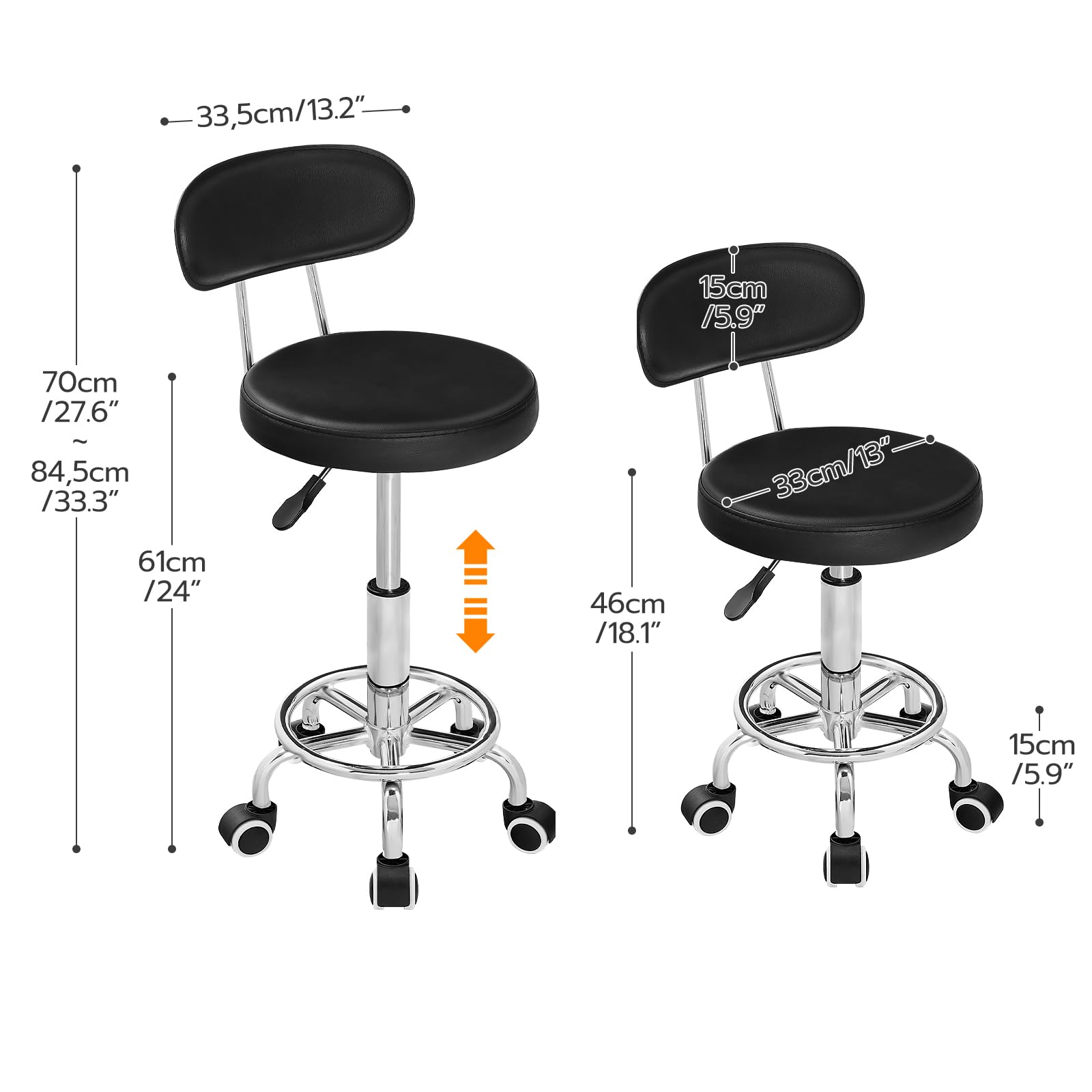 HOOBRO Height Adjustable Rolling Stool, 360° Rotating Drafting Chair, Multi-Purpose Office Desk Chair, Rolling Swivel Salon Stool Chair, for Barber Shop, Nail Salon, Office, Black SB01BY01G1 - Medaid International