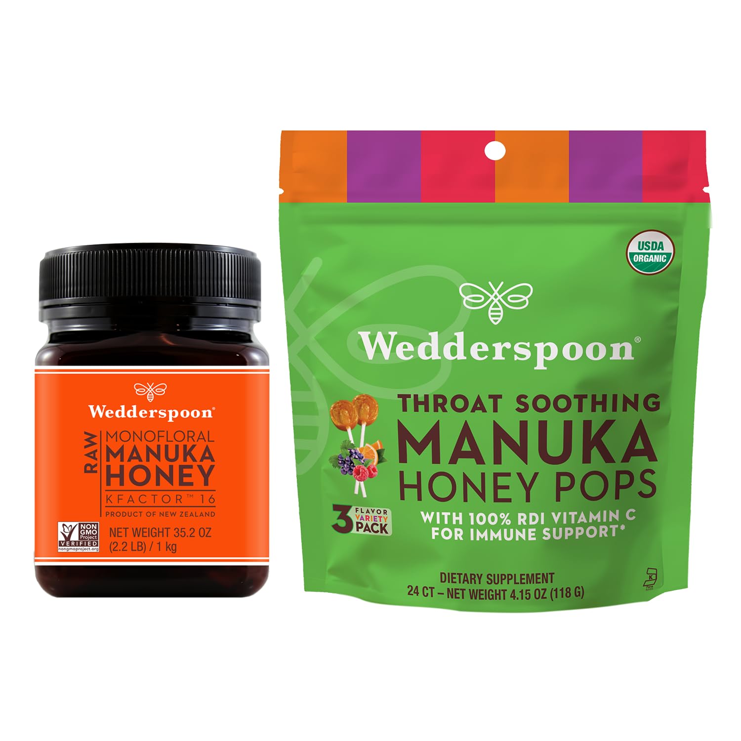 Bundle - Wedderspoon Raw Premium Manuka Honey KFactor 16 (35.2 Oz) and Manuka Honey Lollipops (24 Count) - Medaid International