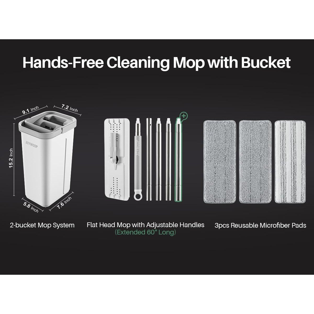 JOYMOOP Mop and Bucket with Wringer Set, Hands Free Flat Floor Mop and Bucket, 60" Mop with 3 Reusable Microfiber Pads, Wet and Dry Use, Floor Cleaning System - Medaid International