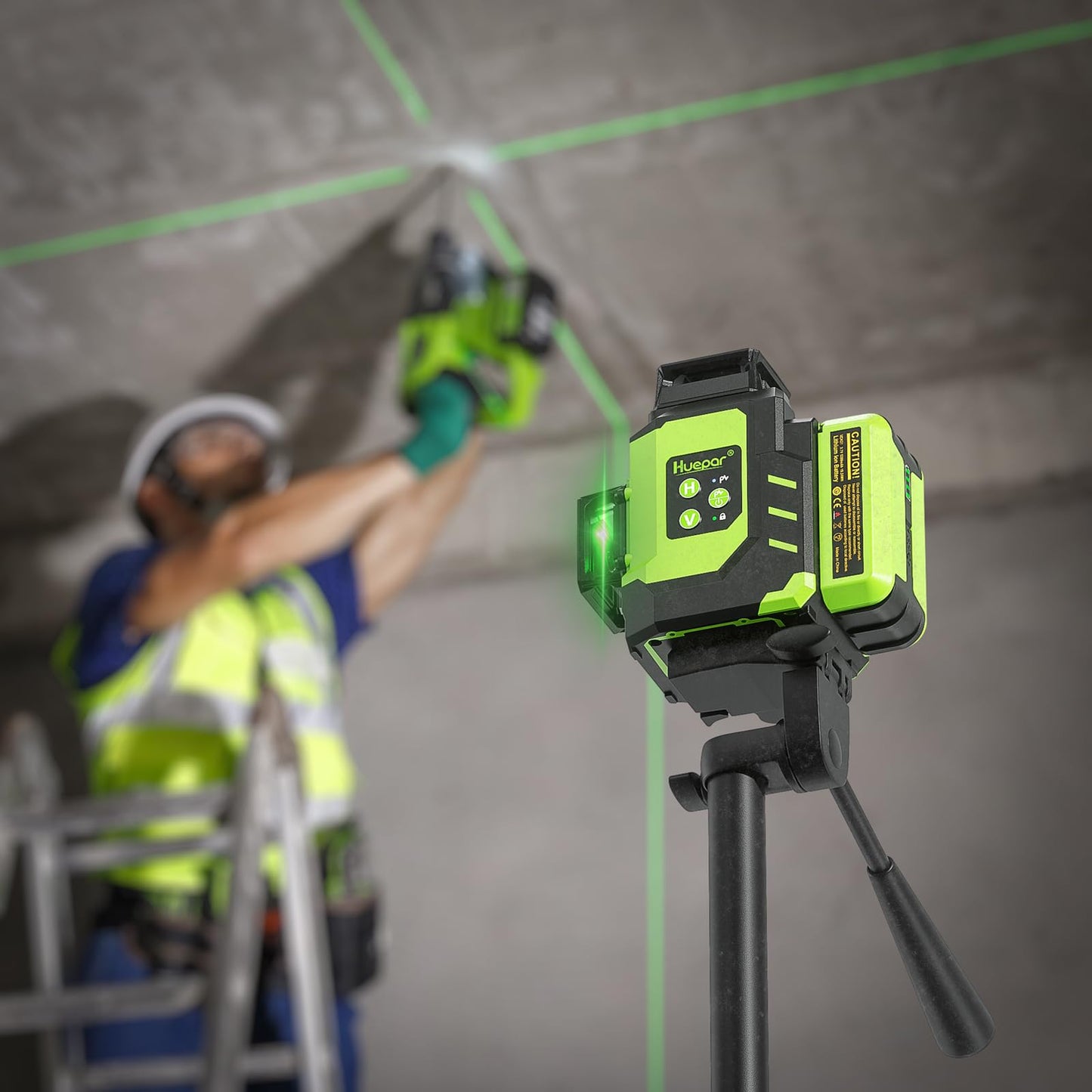 Huepar Laser Level 3x360 Self Leveling with 2 Rechargeable Batteries, 3D 12 Lines High Brightness Green Laser Level for Construction or Home Renovation, LS03CG - Medaid International