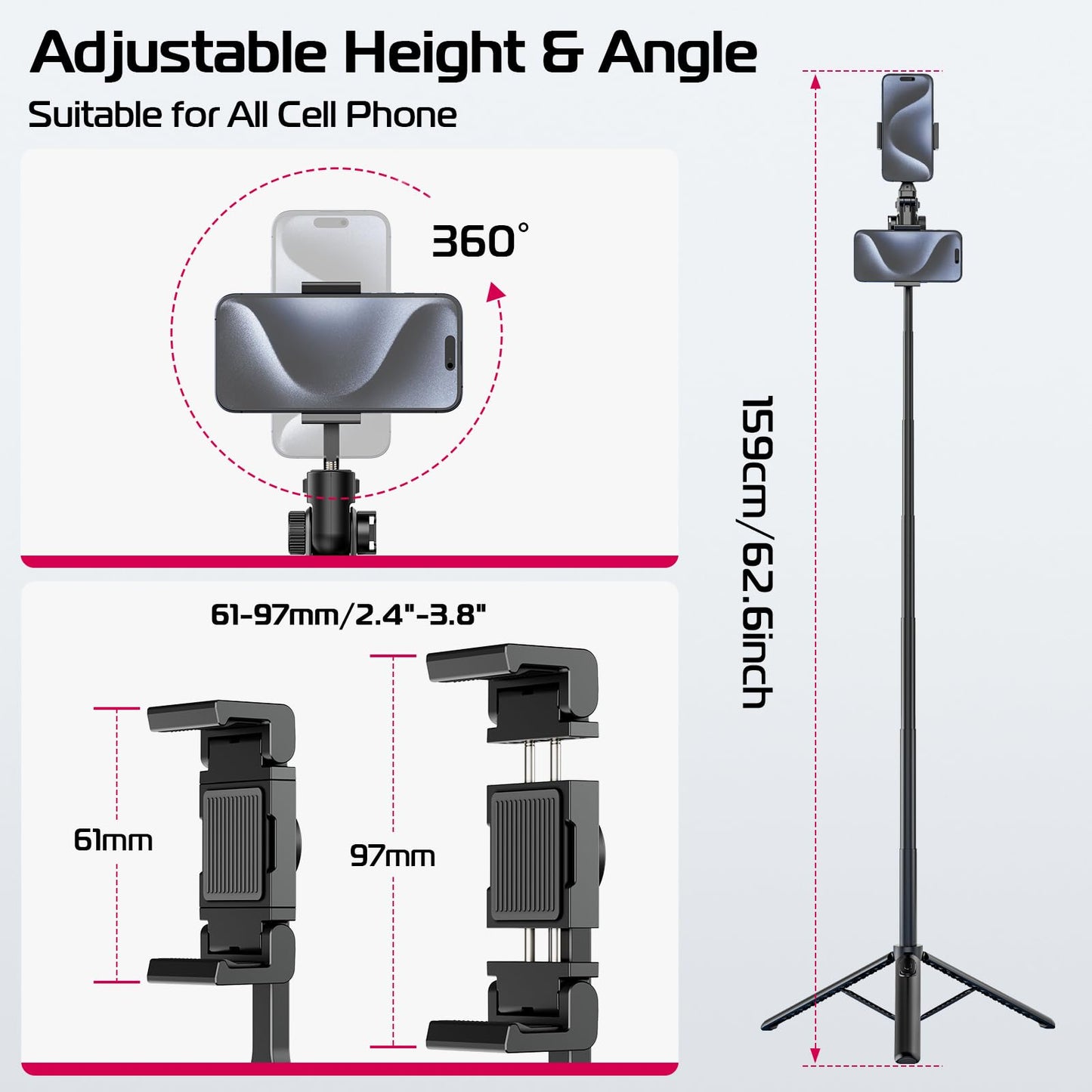 ULANZI MT-70 Extendable Tripod, 63" Selfie Stick Vlog Tripod Stand with 2 Phone Clips as Teleprompter, 360° Rotate Camera Holder for iPhone, Sony, Canon, DJI Osmo Nano, Lightweight for Travel, Black - Medaid International