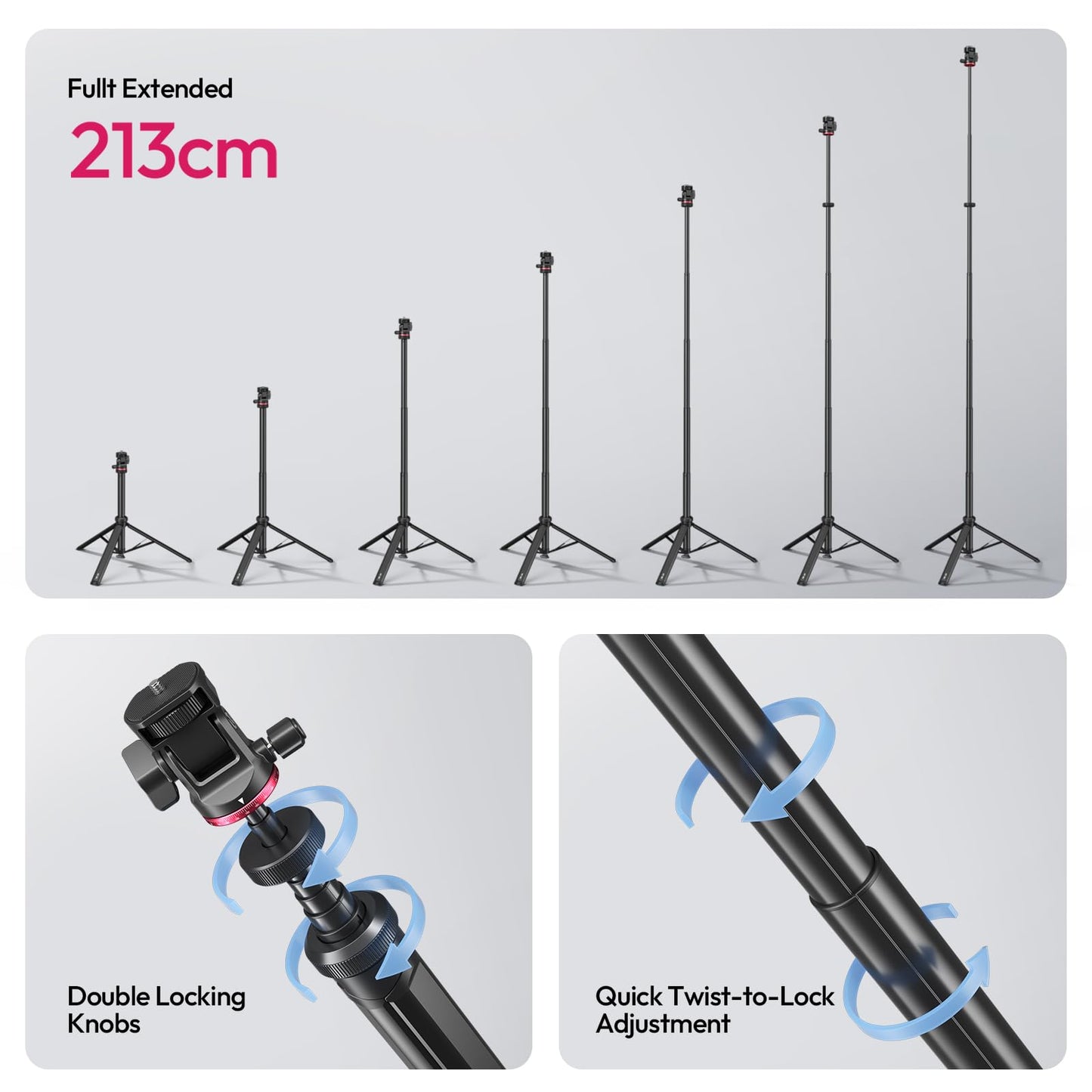 ULANZI MT-80 Aluminum Tripod Stand, 7FT Extendable Camera Phone Tripod for Travel, Auto Pop-Up, 1/4" Screw, 360 Ball Head Portable Photo Video Light Stand for DSLR Camera, Ring Light, Video Rig - Medaid International
