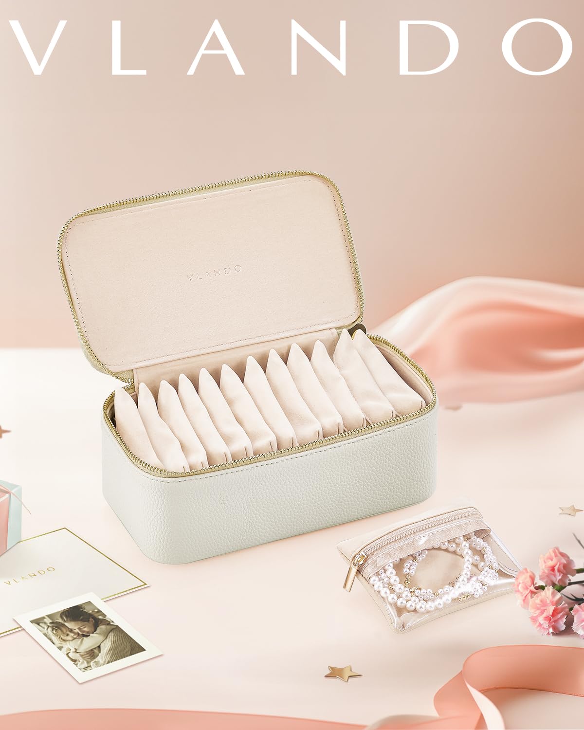 Vlando Travel Jewelry Case,Jewelry Box with 12 Velvet Jewelry Pouch Jewelry Travel Organizer for Women Girl Jewelry Case Necklace Rings Earrings Bags Wedding Gifts (White) - Medaid International