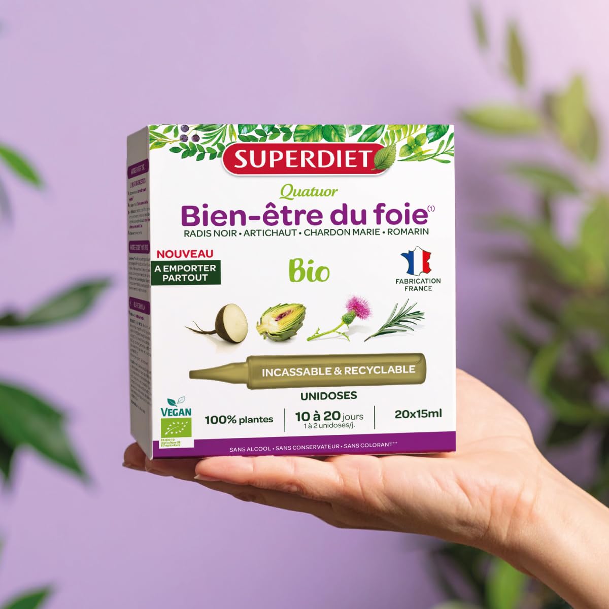 SUPERDIET-QUATUOR DIGESTION BIO-Bien-être du foie-Radis Noir Artichaut Chardon Marie Romarin-Format nomade- 20 Unidoses de 15 ml - Medaid International