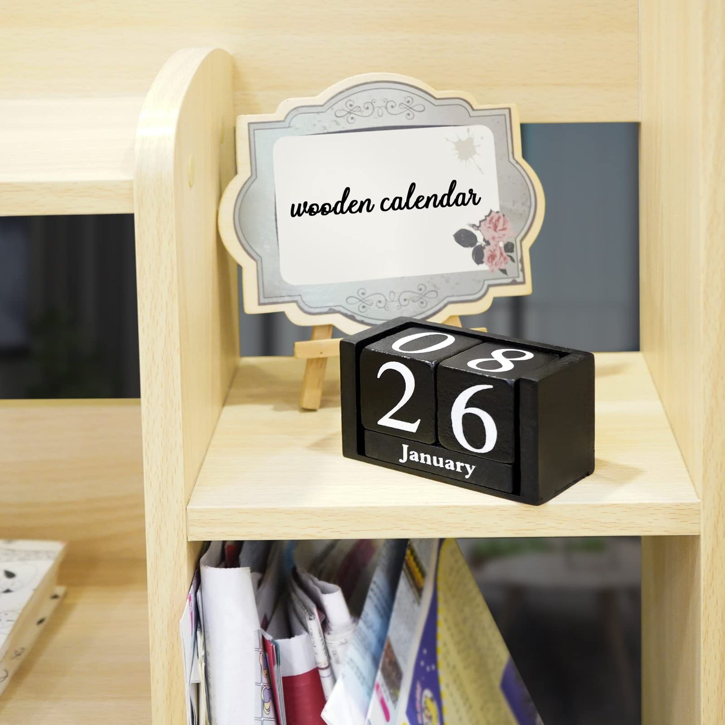Notakia Wooden Gaobei Desk Blocks Calendar Perpetual Block Month Date Display (Black Small) - Medaid International