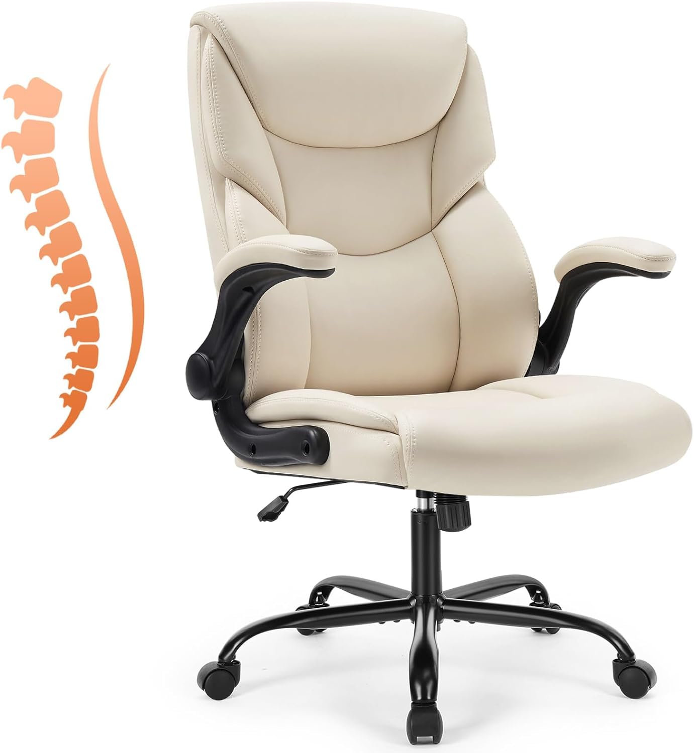 Sweetcrispy Ergonomic Office Chair Heavy Duty Task Desk Chair with Flip-up Arms, PU Leather, Adjustable Swivel Rolling Chair with Wheels, Beige - Medaid International