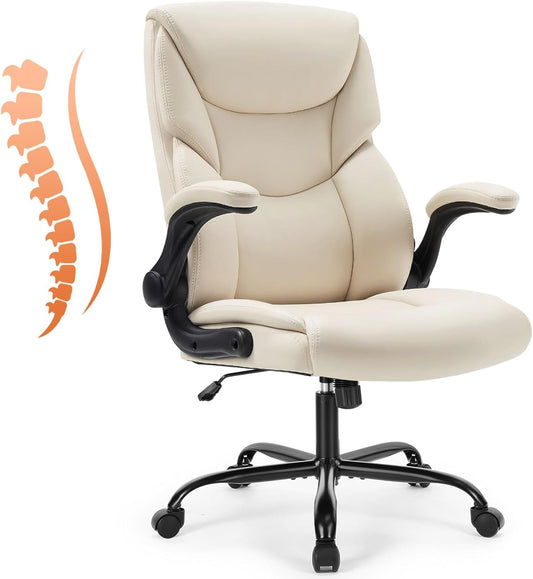 Sweetcrispy Ergonomic Office Chair Heavy Duty Task Desk Chair with Flip-up Arms, PU Leather, Adjustable Swivel Rolling Chair with Wheels, Beige - Medaid International